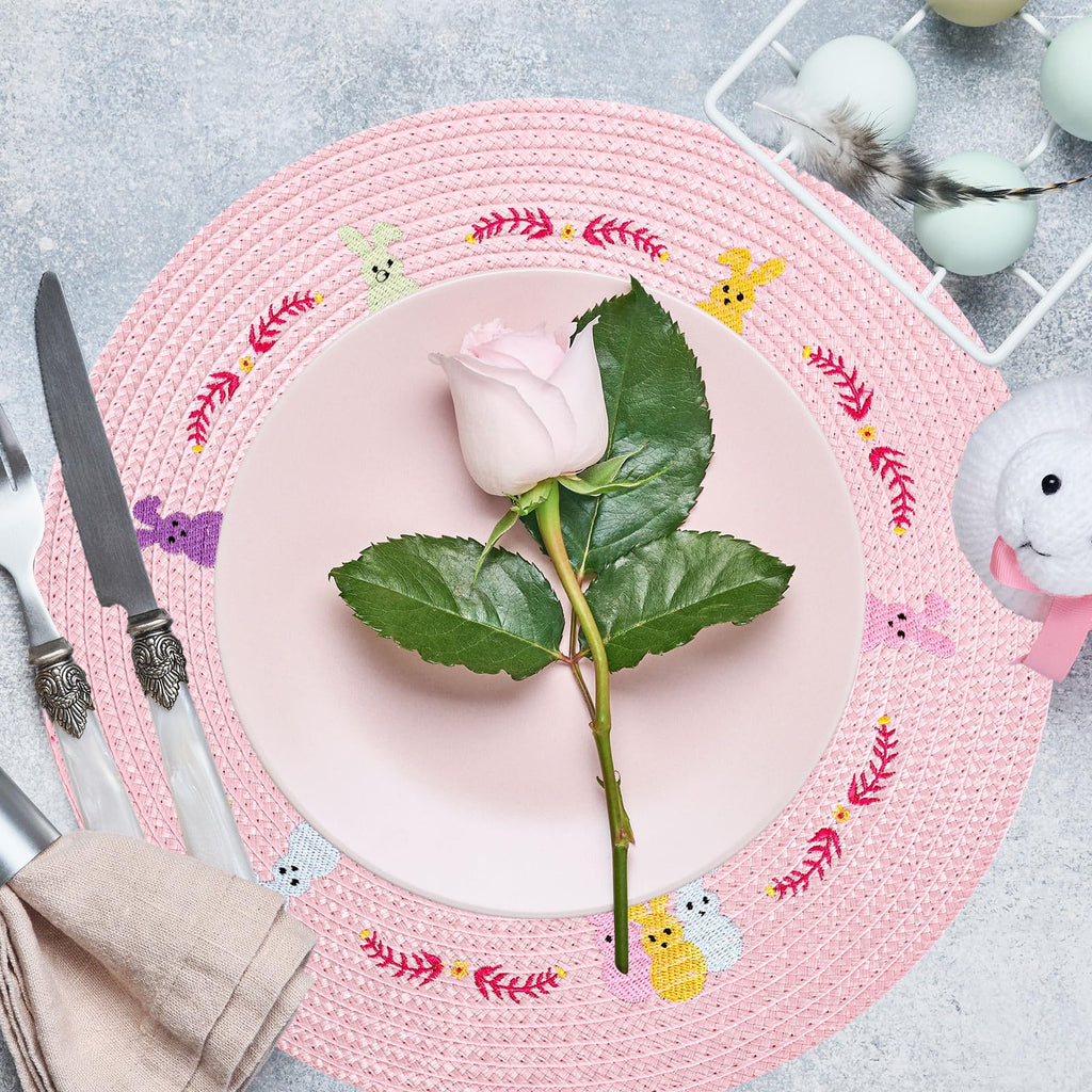 Whaline 4Pcs Round Placemats Pink Bow Embroidered Place Mats Coquette Bow Dinner Table Mats for Home Wedding Baby Shower Birthday Party Decor