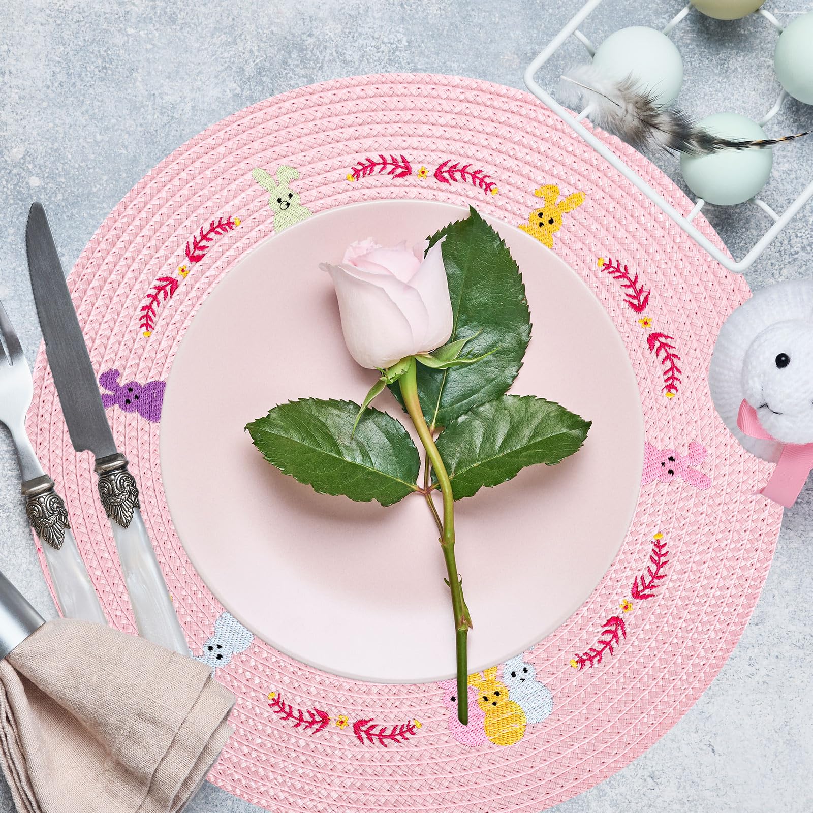 Whaline 4Pcs Round Placemats Pink Bow Embroidered Place Mats Coquette Bow Dinner Table Mats for Home Wedding Baby Shower Birthday Party Decor