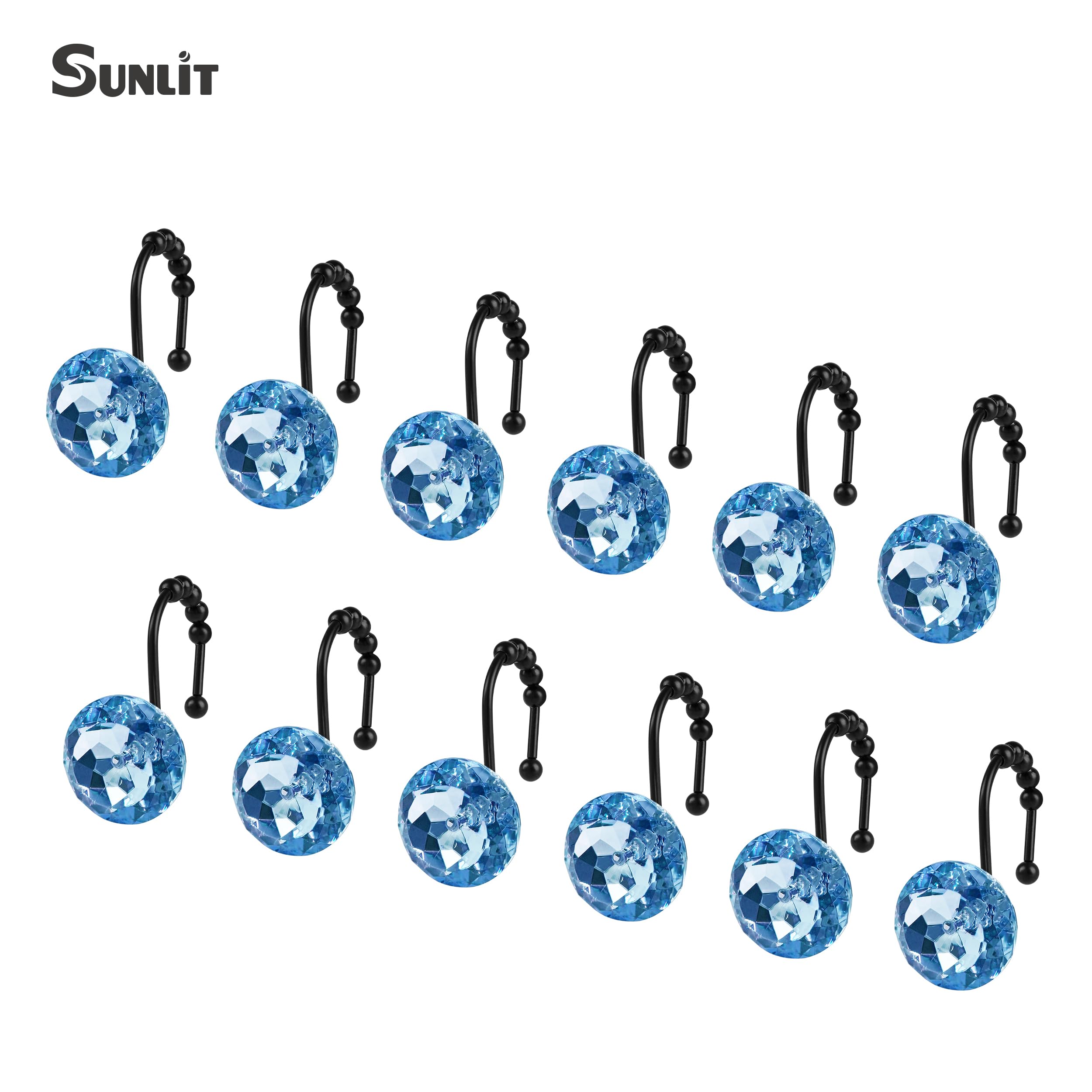 Luxury Design Round Diamond Crystal Gem Bling with Glide Balls Shower Curtain Hooks, Rust Proof Metal Rhinestones Glam Shower Curtain Rings-12 Pack