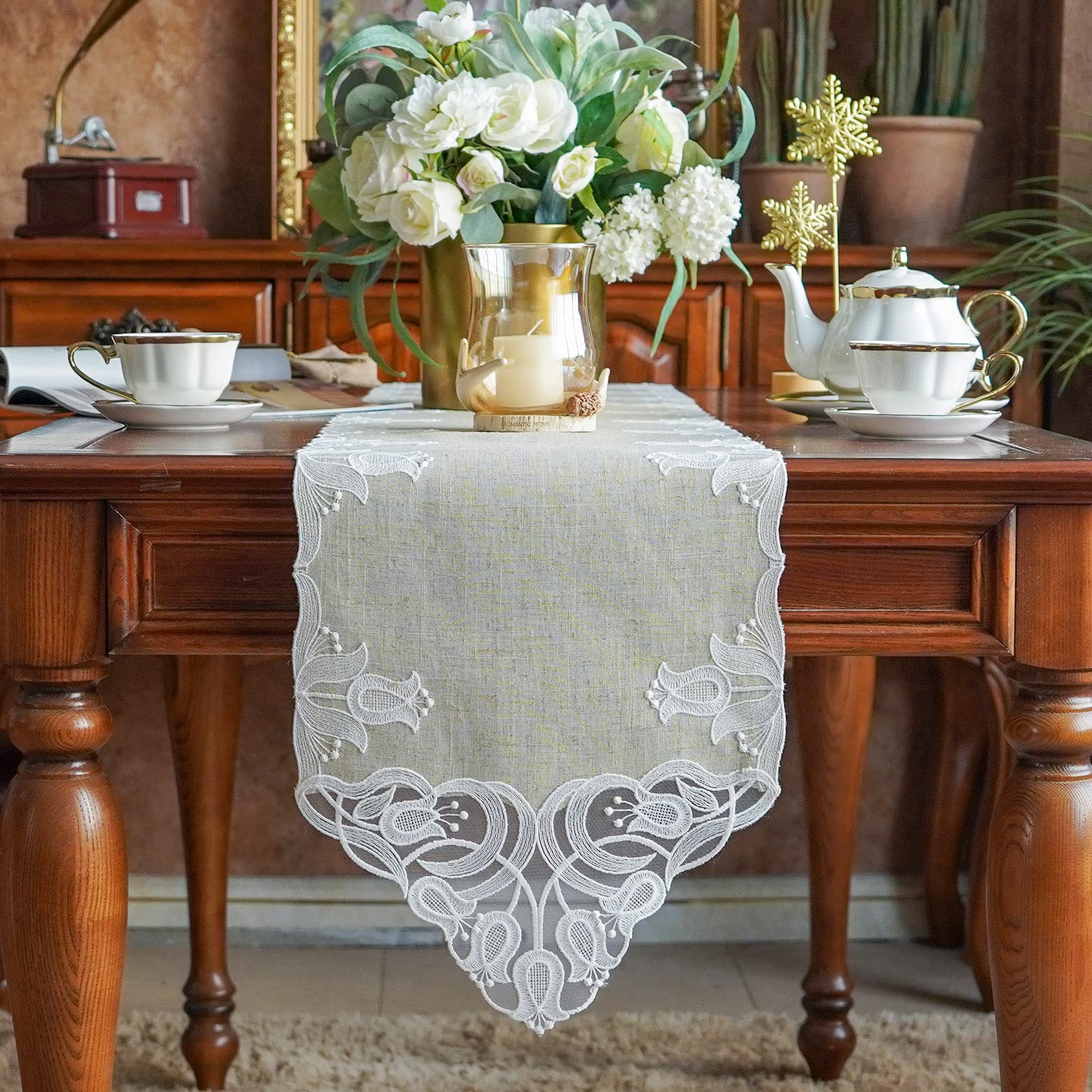 Lace Table Runner Macrame Vintage Flower Dresser Scarf with Exquisite Embroidery Table Runners