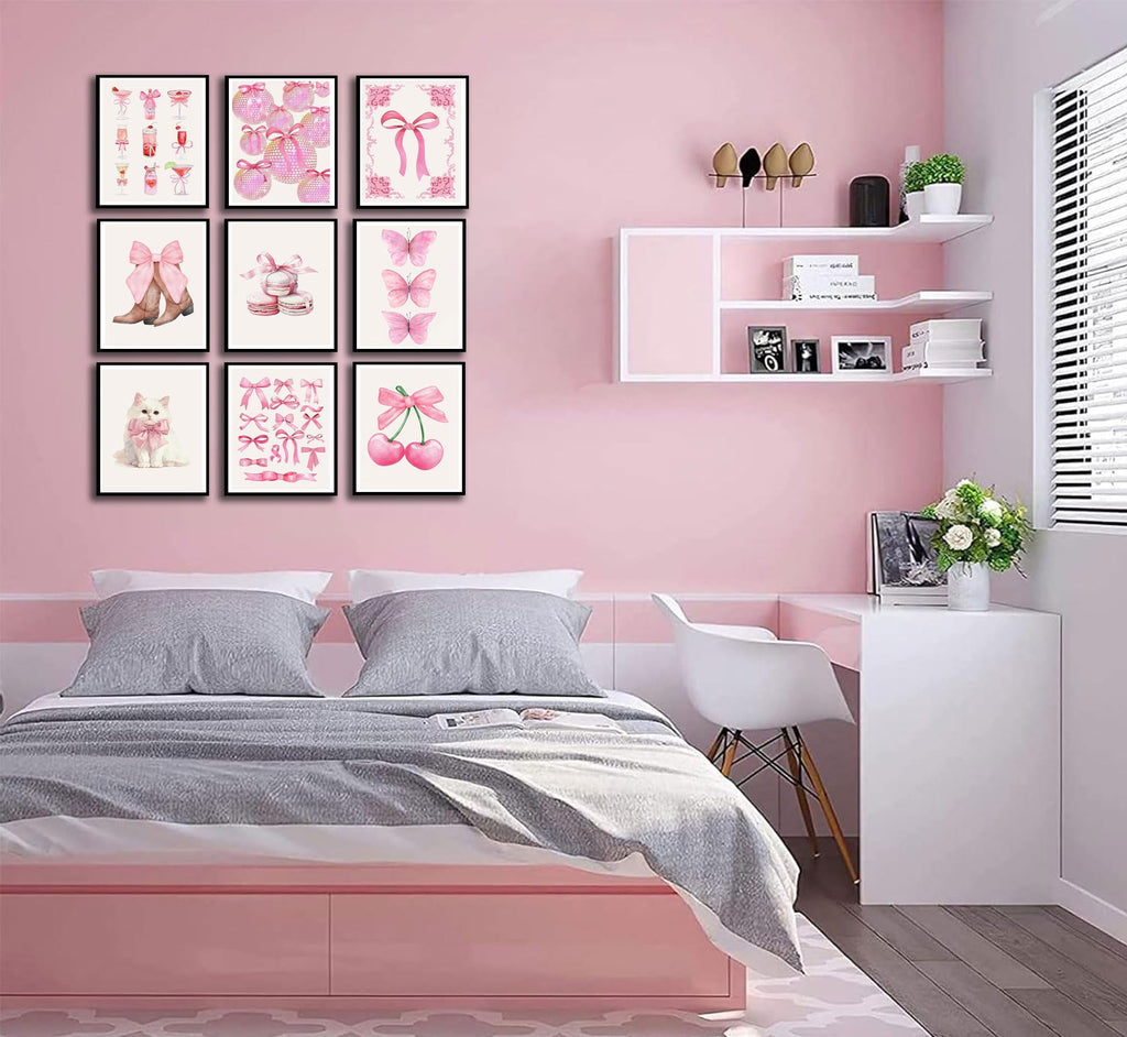 Pink Bows Canvas Wall Art Trendy Coquette Bow Cute Cat Wall Decor