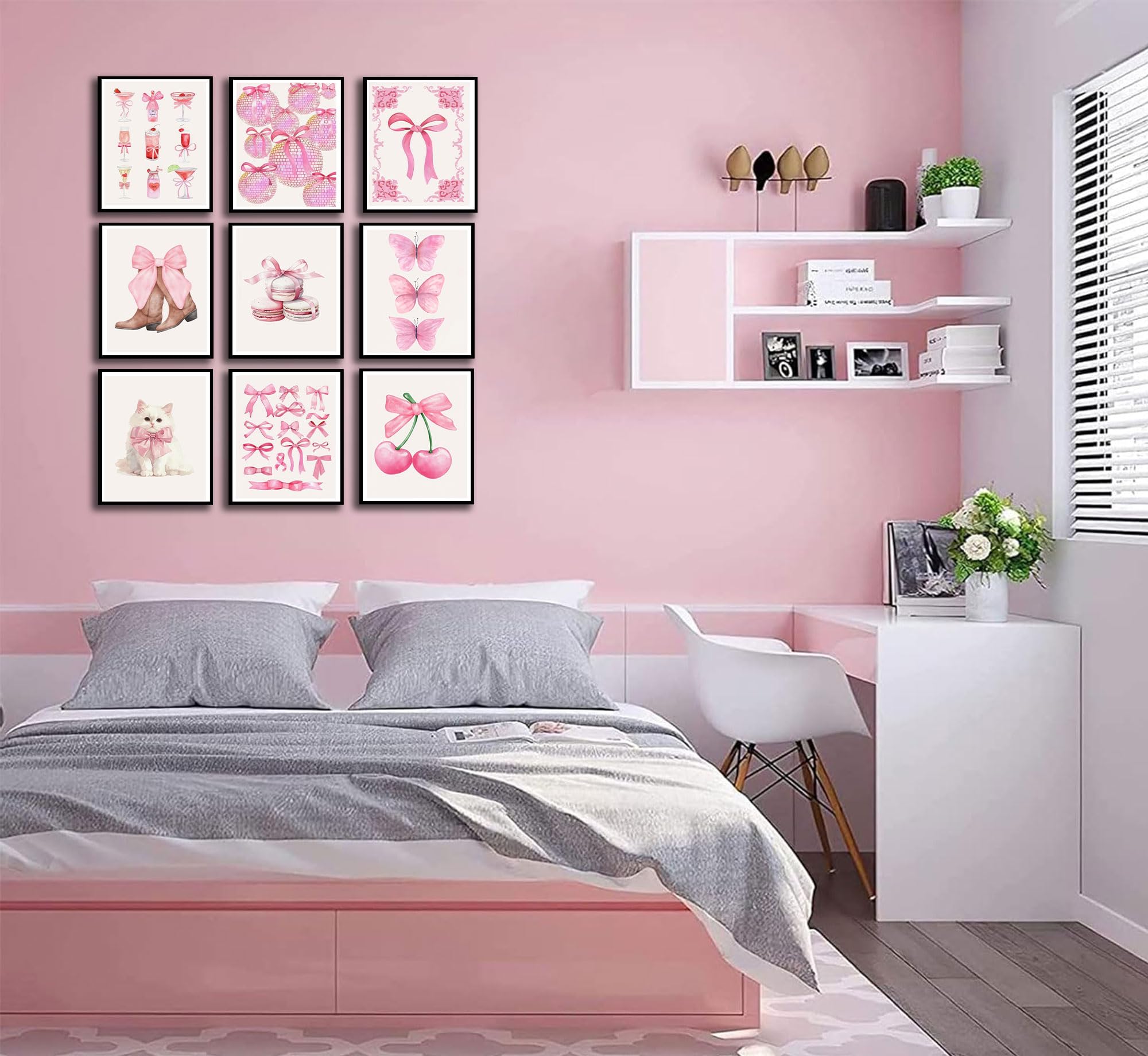 Pink Bows Canvas Wall Art Trendy Coquette Bow Cute Cat Wall Decor