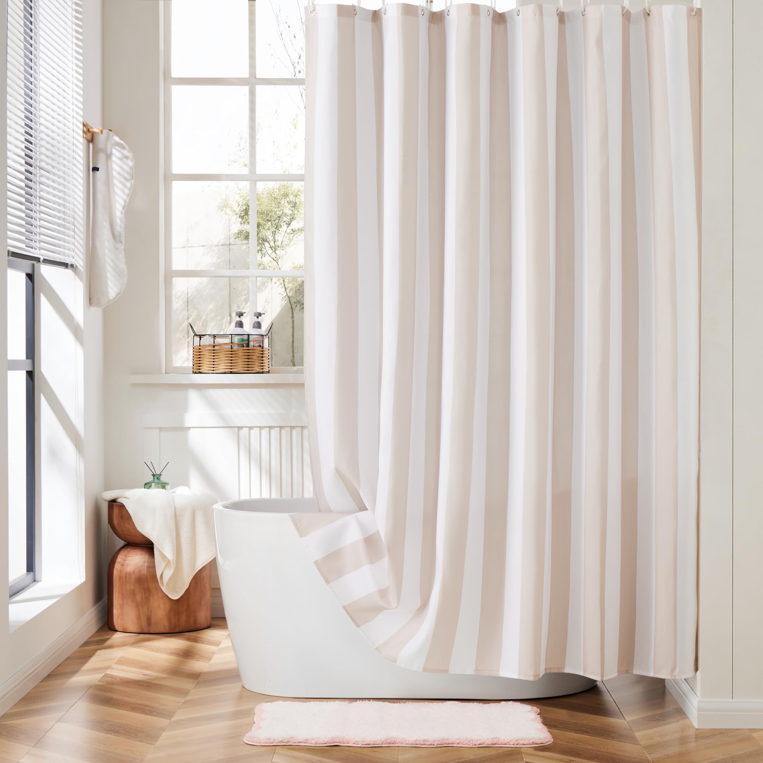 Pink Vertical Striped Shower Curtain, Cute Retro Vintage Stripe Bathroom Shower Curtain, Waterproof Polyester Fabric Modern Bath Curtain for Bathroom 72x72 Inches