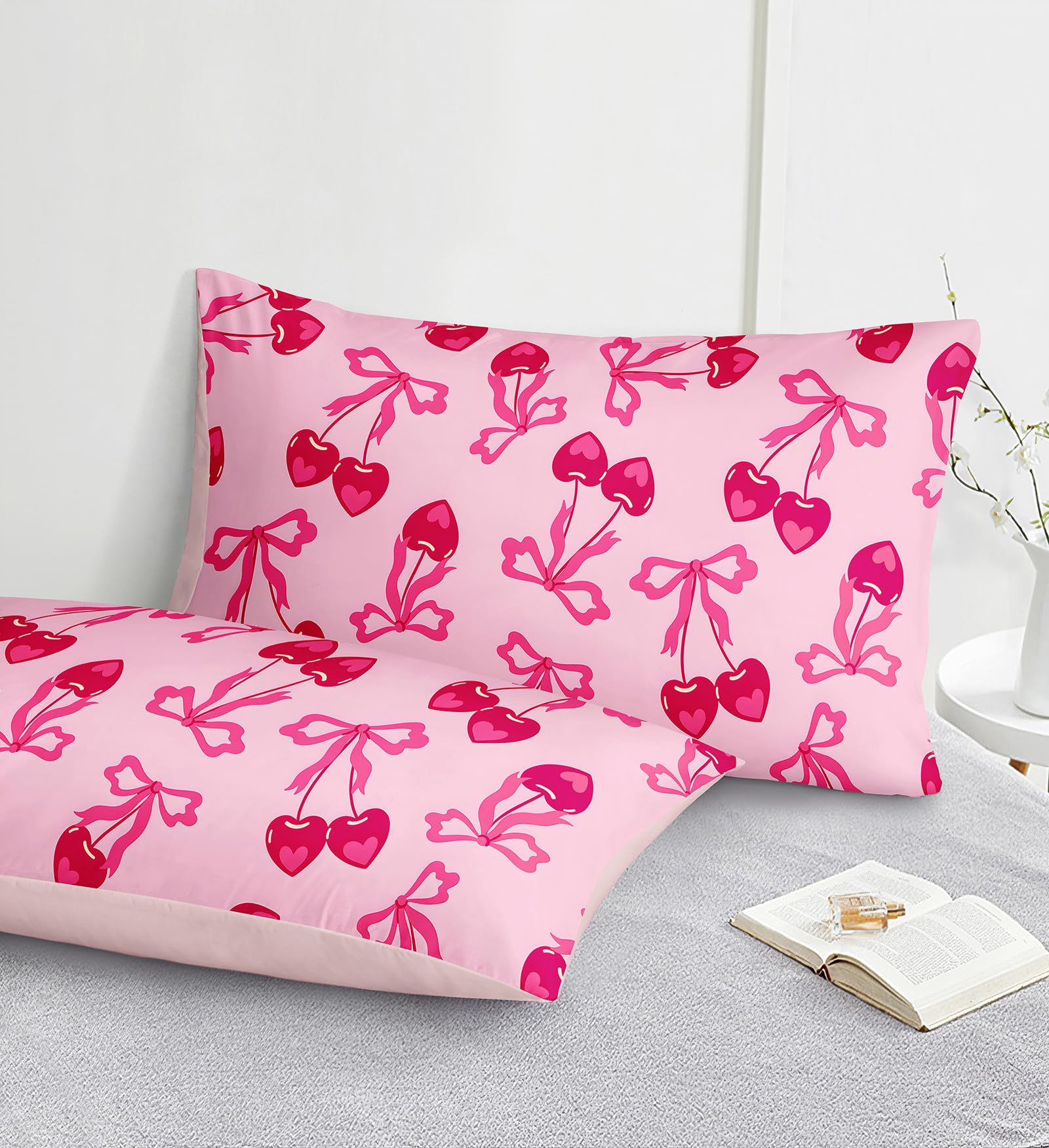 Pink Bowknot Comforter Set 4 Pcs Bow Tie Princess Bedding Blush Red Cherry Bed Quilt