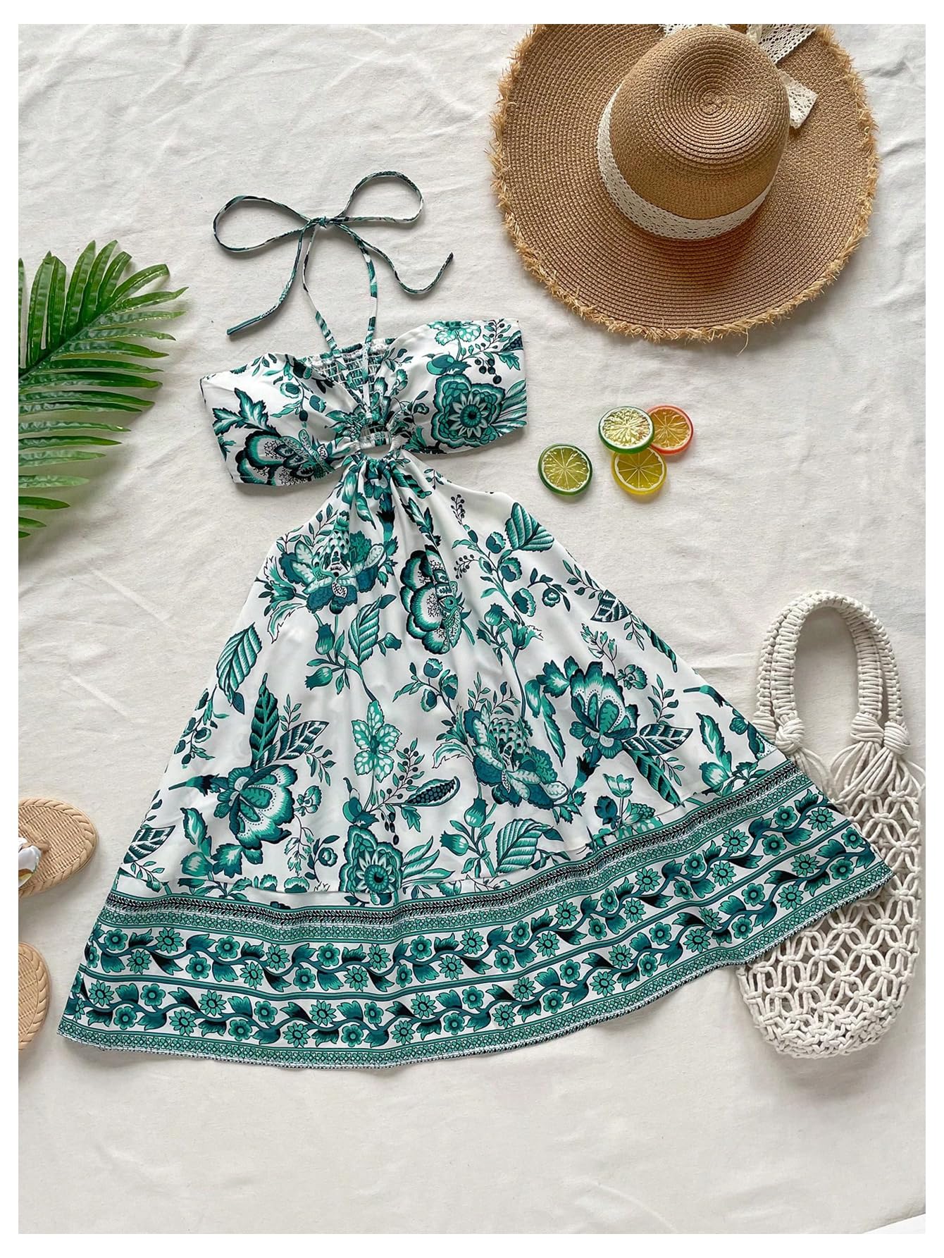 Women's Floral Halter Neck Vacation Dress Sleeveless Cut Out Boho Cami Dress