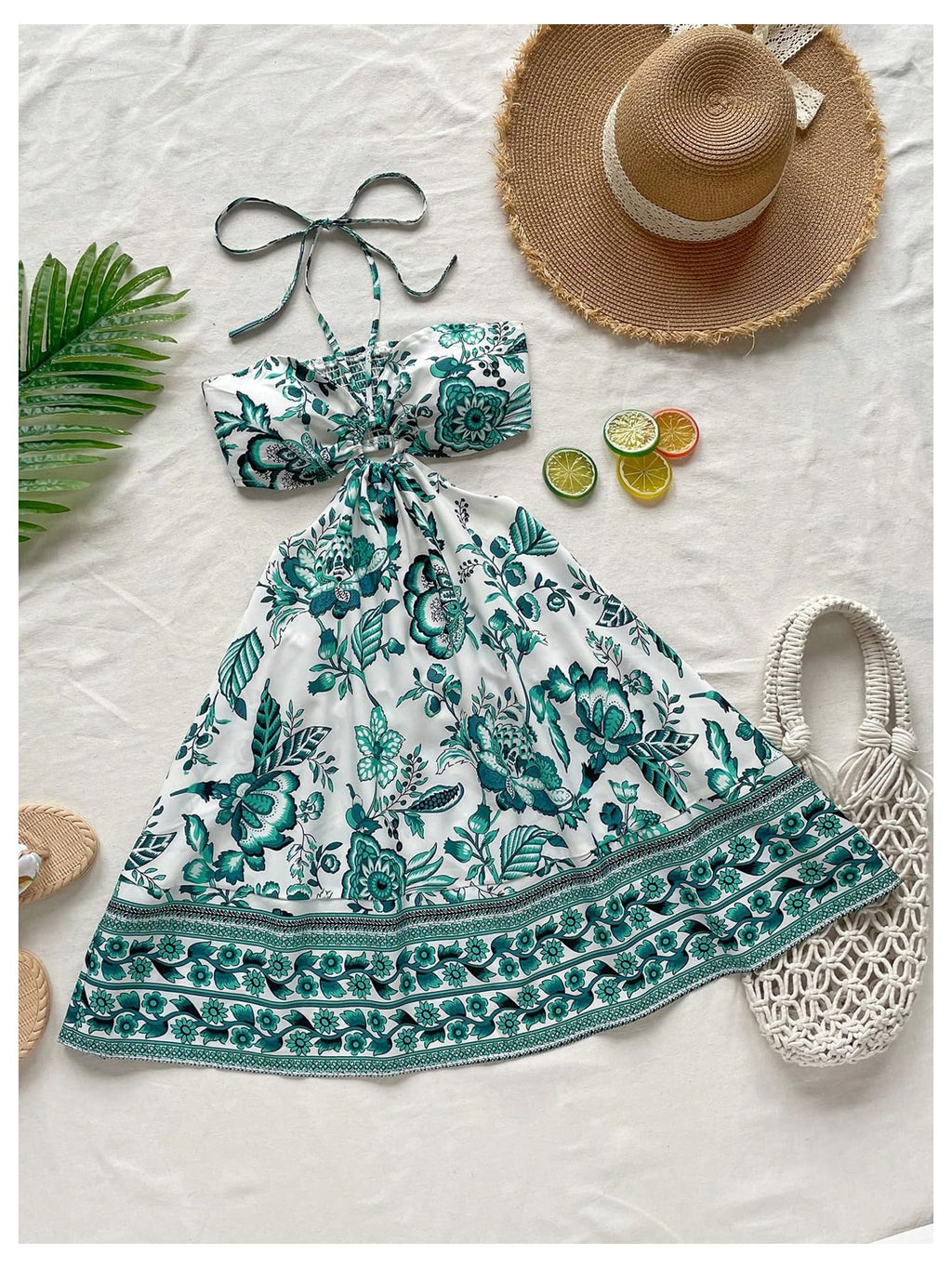 Women's Floral Halter Neck Vacation Dress Sleeveless Cut Out Boho Cami Dress