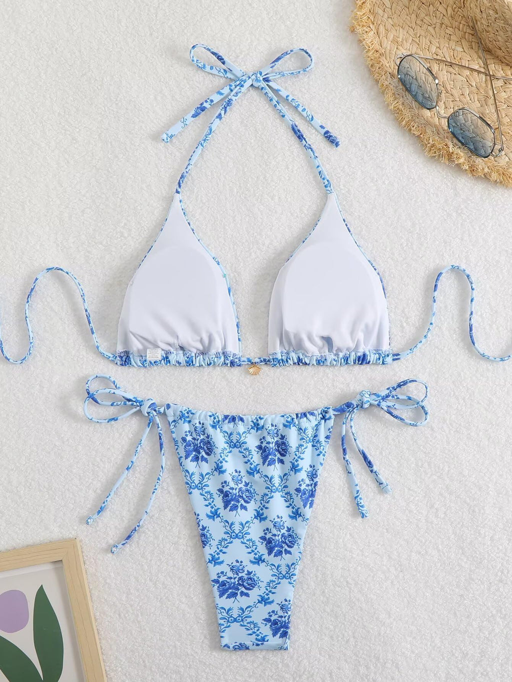 Women's Ditsy Floral Print Bathing Suit High Waisted Halter All Over Swimsuit Bikini Set