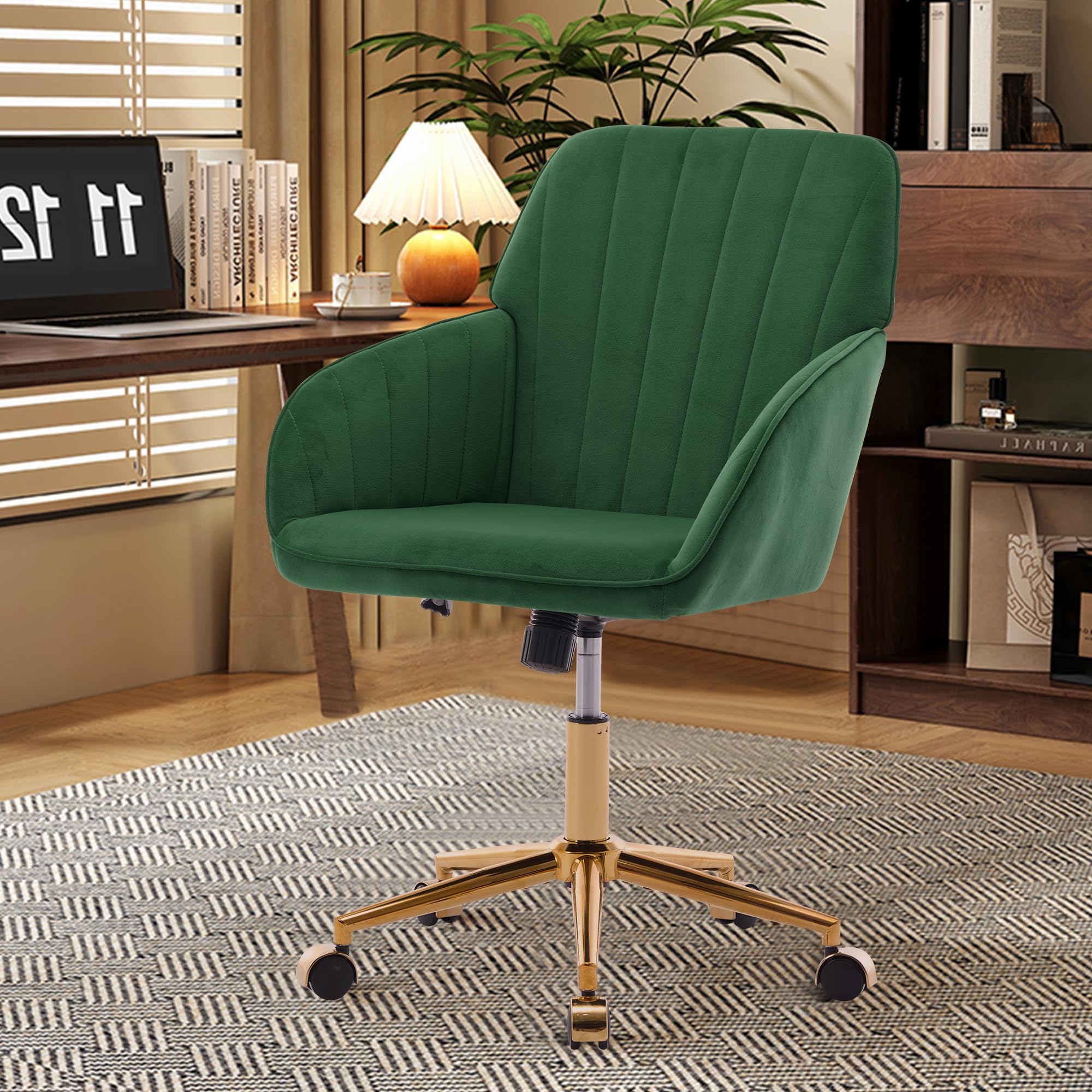 Modern Vanity Velvet Adjustable Low Back Rolling Chair, Twill Upholstered Cute Chair with Wheels