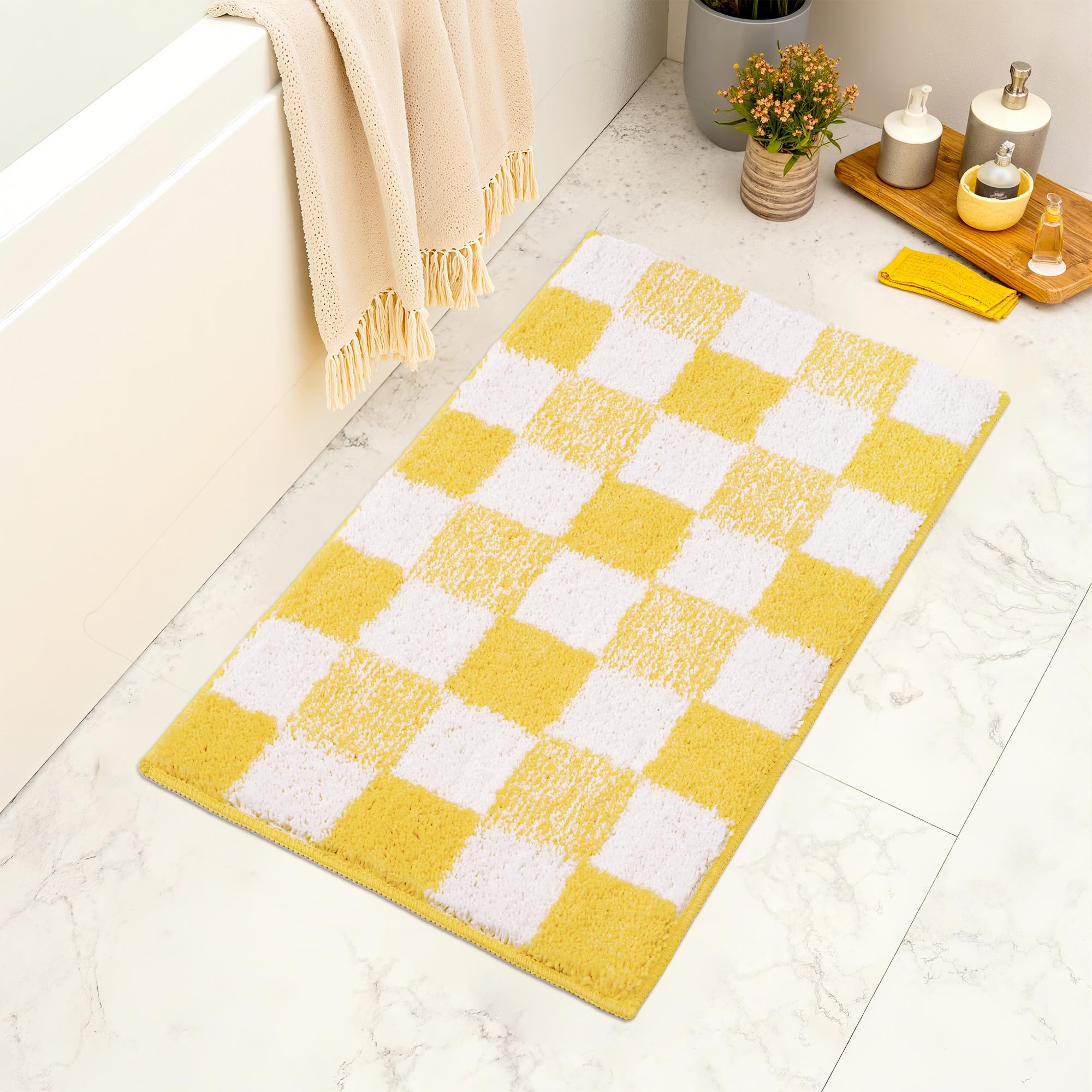 Checkered Bathroom Rugs, Fluffy Rug, Absorbent Microfiber Ultra Soft Bath Mat Washable, Non-Slip Bath Mats for Bathroom, Cute Floor Mat