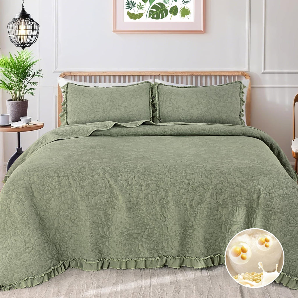 Ruffled Floral Quilts Soybean Fiber Filling Bedding Set 3 Piece, Stone-Washed Microfiber Shabby Chic Lightweight Soft Bedspread