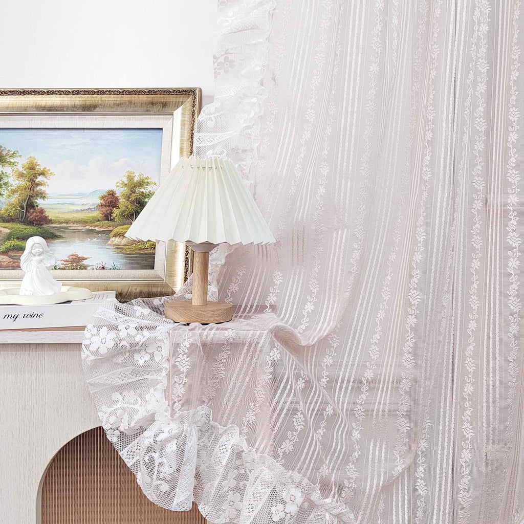 Floral Embroidery Sheer Lace Curtain with Ruffle Trim Romantic Gauze Curtains