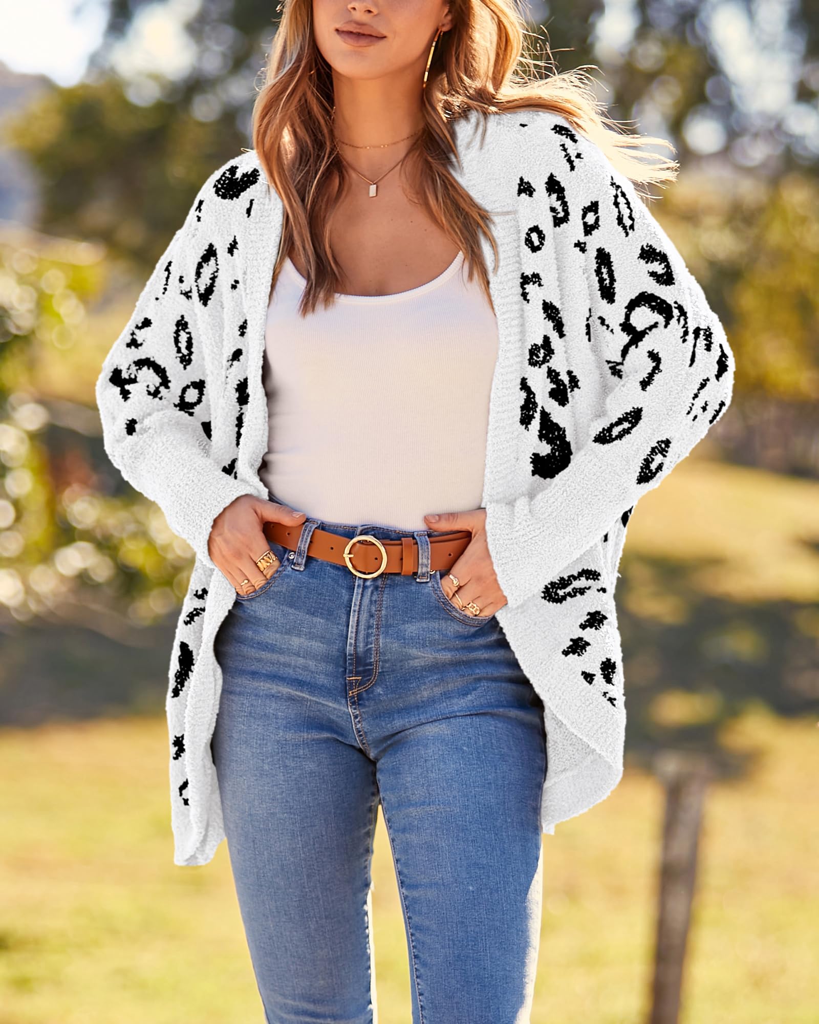 Women Fashion Leopard Print Long Sleeve Sweater Cardigan Loose Knit Open Front Fall Winter Outwear Coats