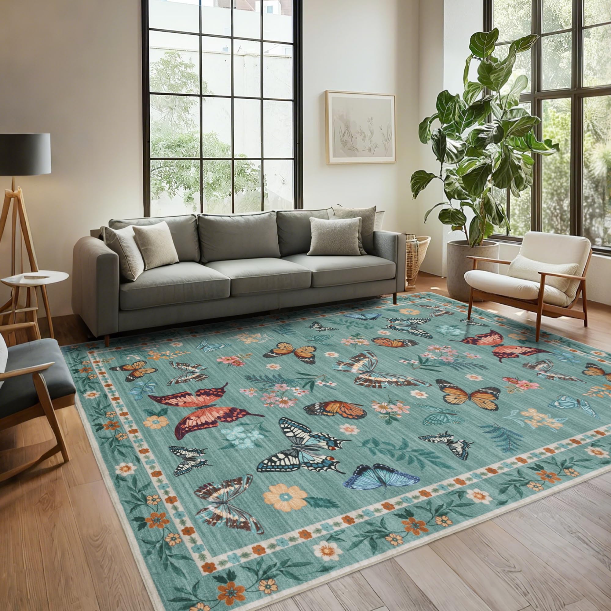 Insect Floral Area Rug, Machine Washable Area Rug Non-Slip Low Pile Large Bedroom Rug Stain Resistant Throw Rug Carpet