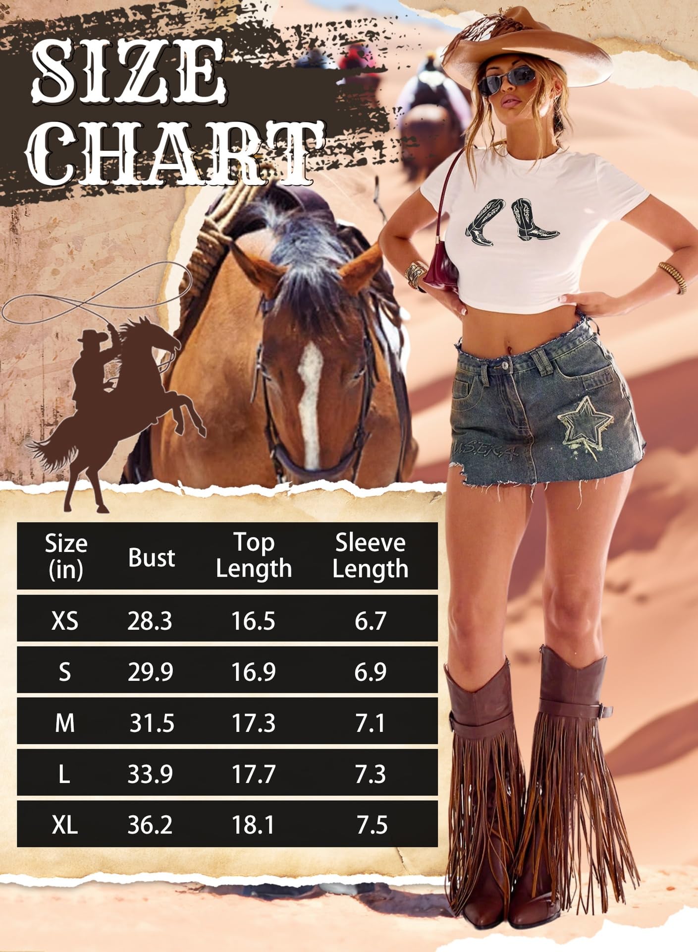 Western Cowgirl Crop Tops for Women - Country Rodeo Outfits Boot Print Summer Slim Shirt Sexy Cowboy Tee