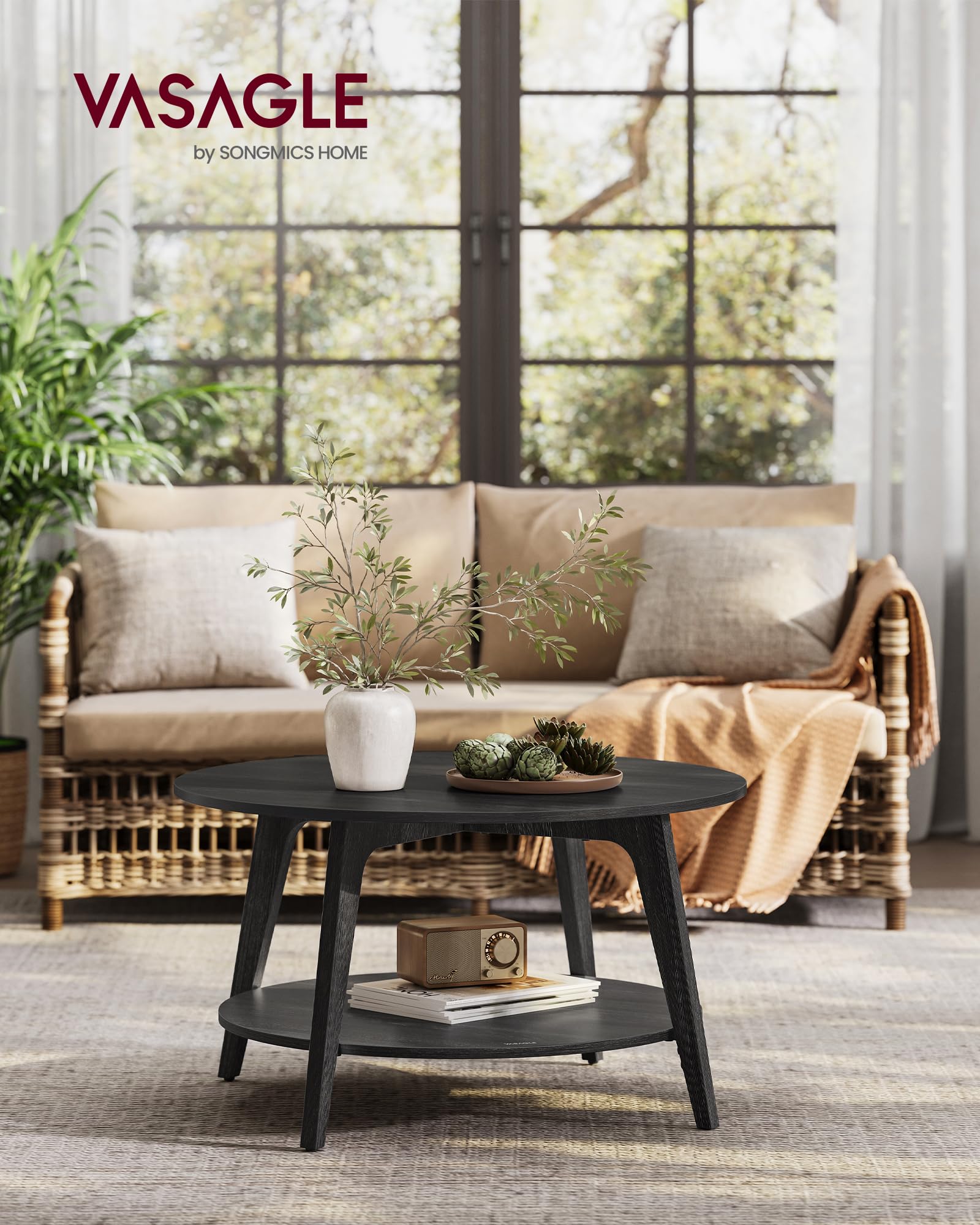 Round Coffee Table, 2 Tier Coffee Table with Storage, for Living Room, 31.5 x 17.7 Inches, Easy to Assemble