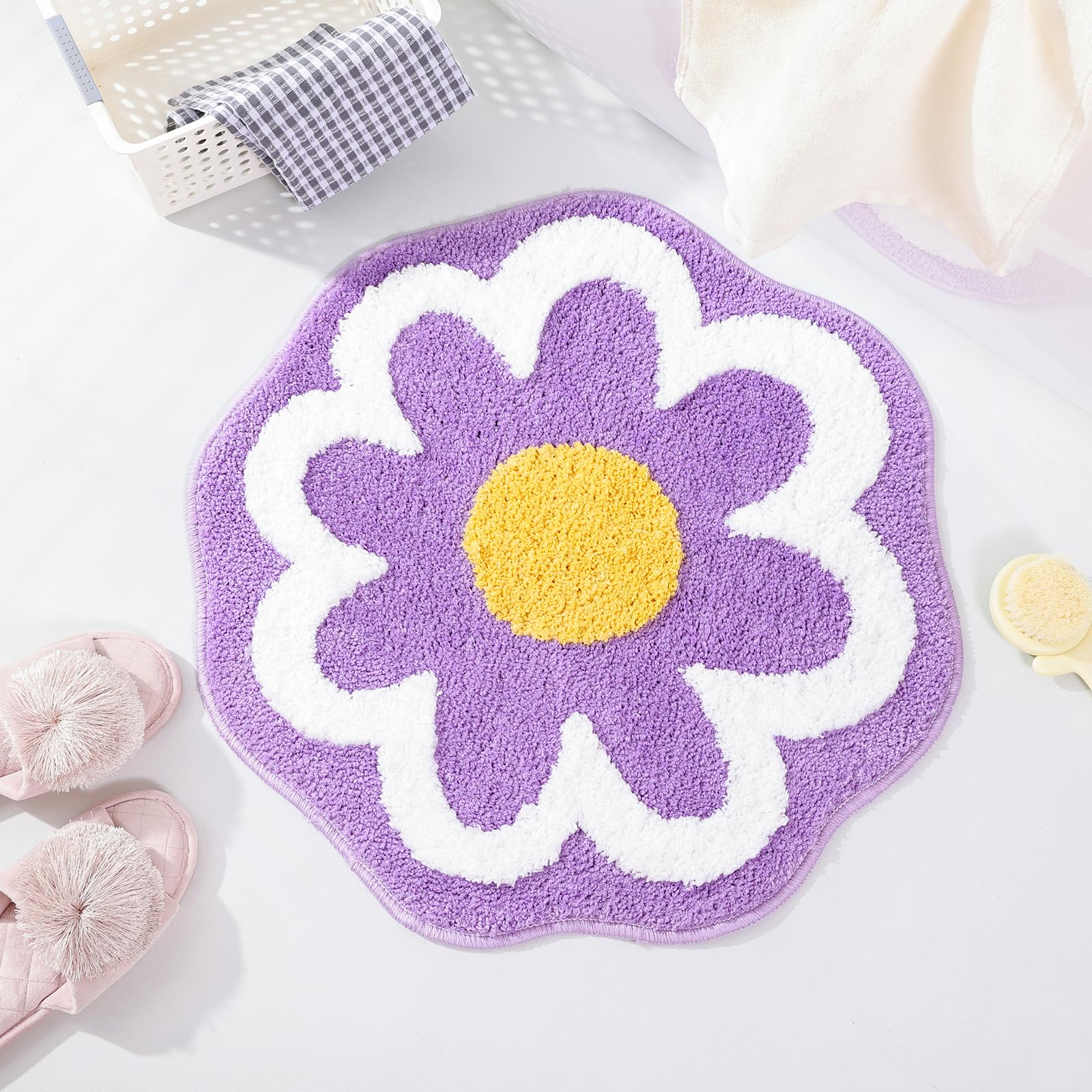 Cute Flower Bath Mat, Machine Washable Bath Rug, Ultra Soft and Fluffy Bathroom Mat, Small Round Non-Slip Water Absorbent Bath Mats for Bathroom Floor, Shower Room and Bathtub