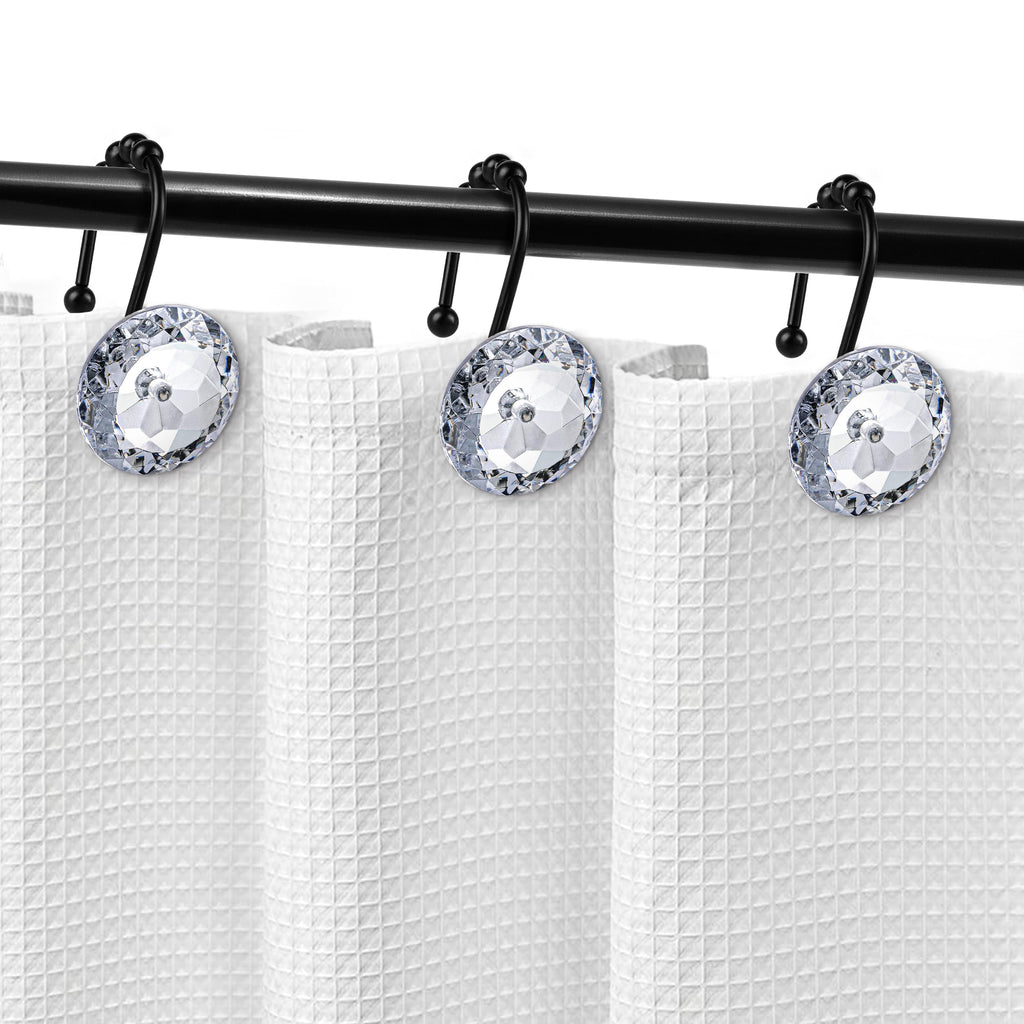 Luxury Design Round Diamond Crystal Gem Bling with Glide Balls Shower Curtain Hooks, Rust Proof Metal Rhinestones Glam Shower Curtain Rings-12 Pack