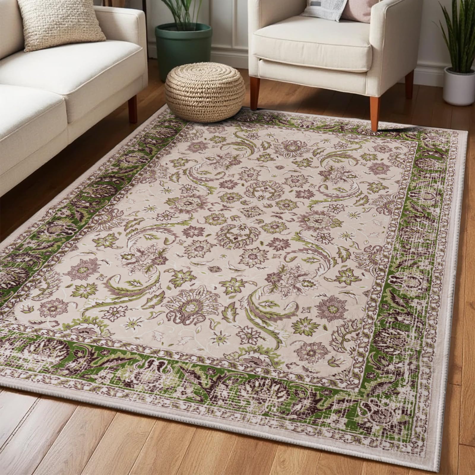 Washable Area Rugs Door Mat Entryway Vintage Floral Non-Slip Low Pile Entrance Thin Rug Carpet for Kitchen Bathroom Living Room Pink
