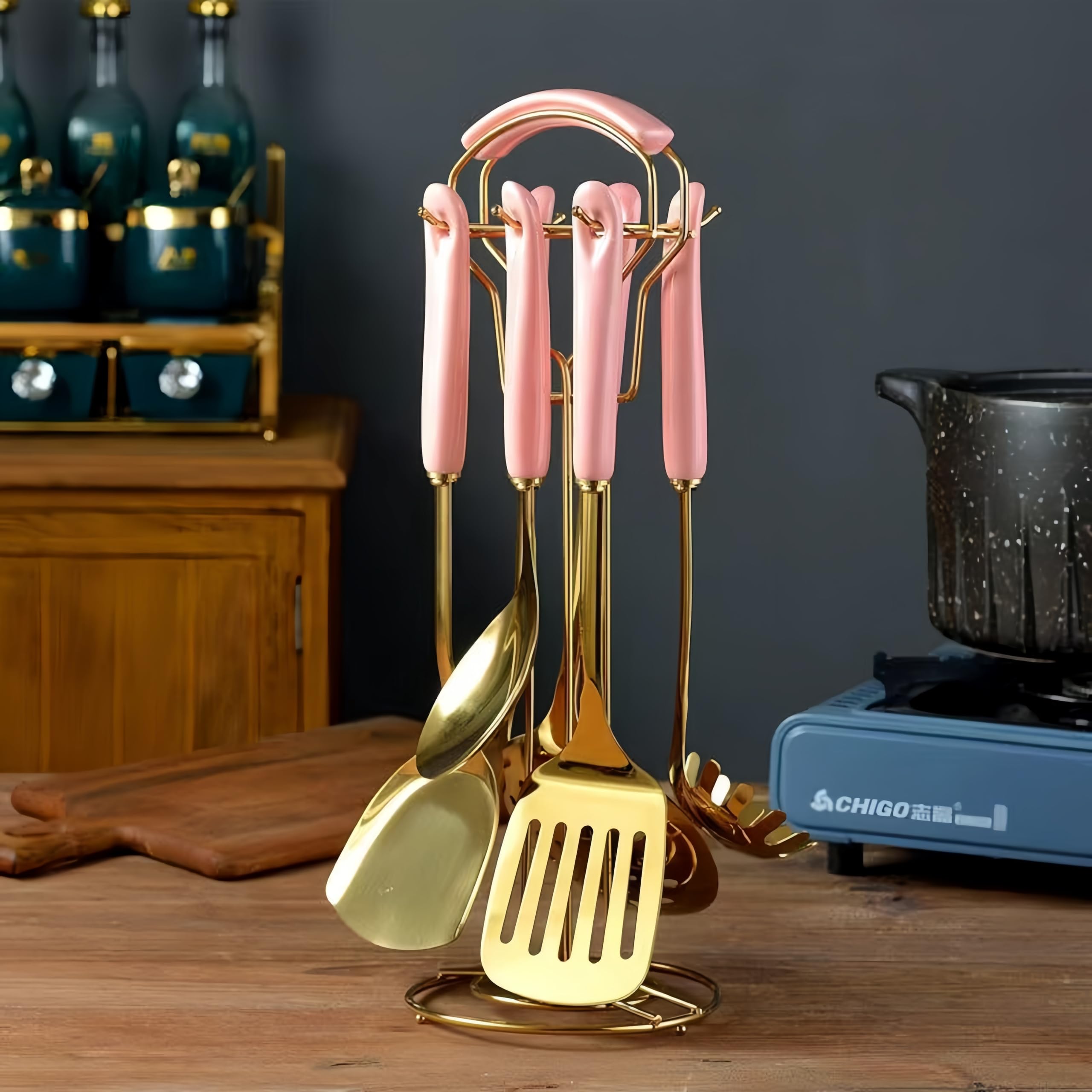 Gold Kitchen Utensils, 7pieces Gold Cooking Utensils Set, Kitchen Tools Set With Utensil Holder, Gold Kitchen Accessories, Dishwasher Safe, Easy To Clean