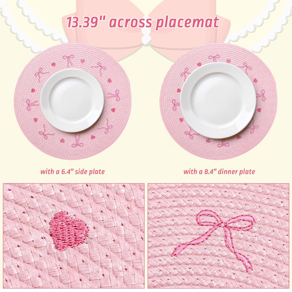 Whaline 4Pcs Round Placemats Pink Bow Embroidered Place Mats Coquette Bow Dinner Table Mats for Home Wedding Baby Shower Birthday Party Decor