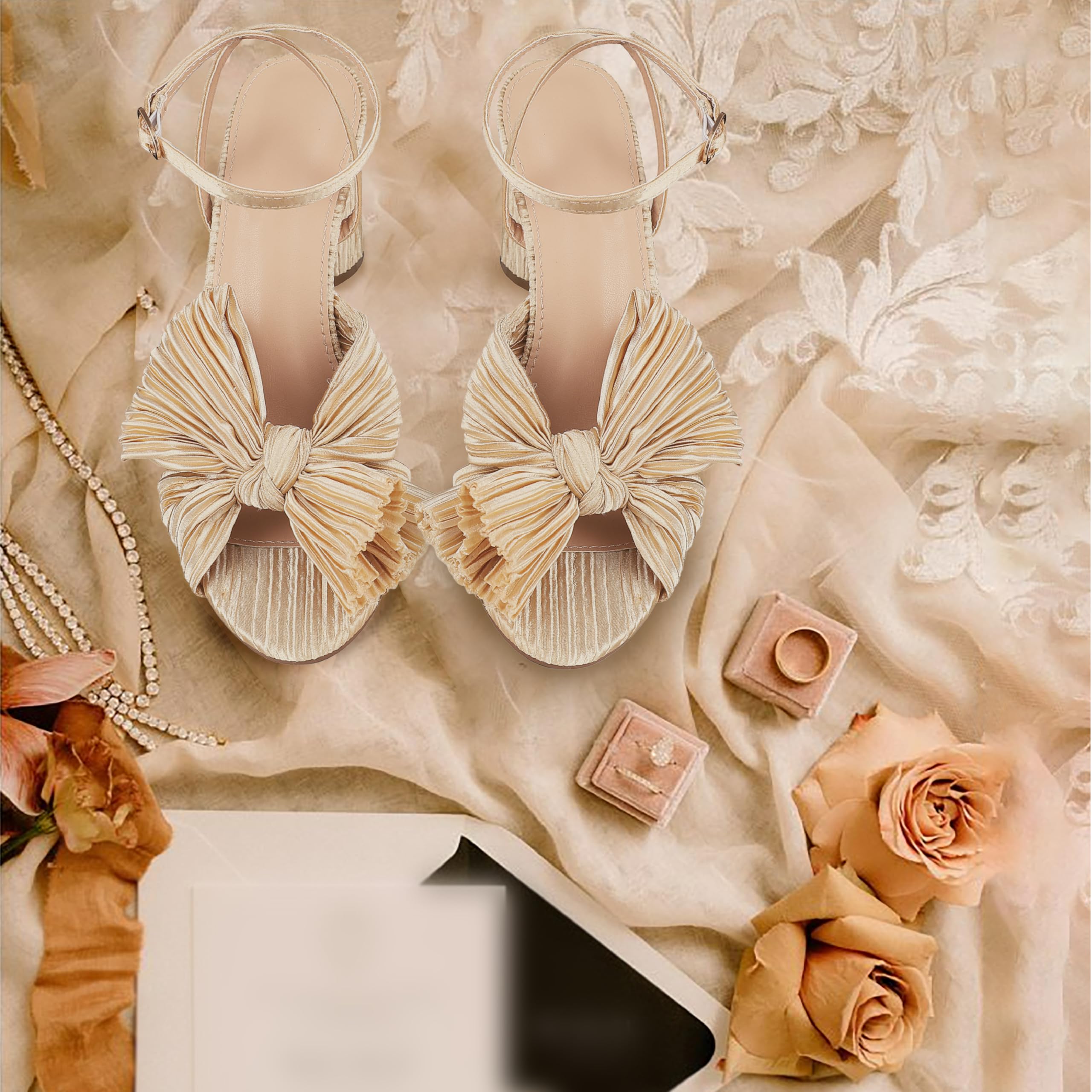 Women's High Block Chunky Heel Sandals Fashion Open Toe Ankle Buckle Strap Pleated Bow Heel