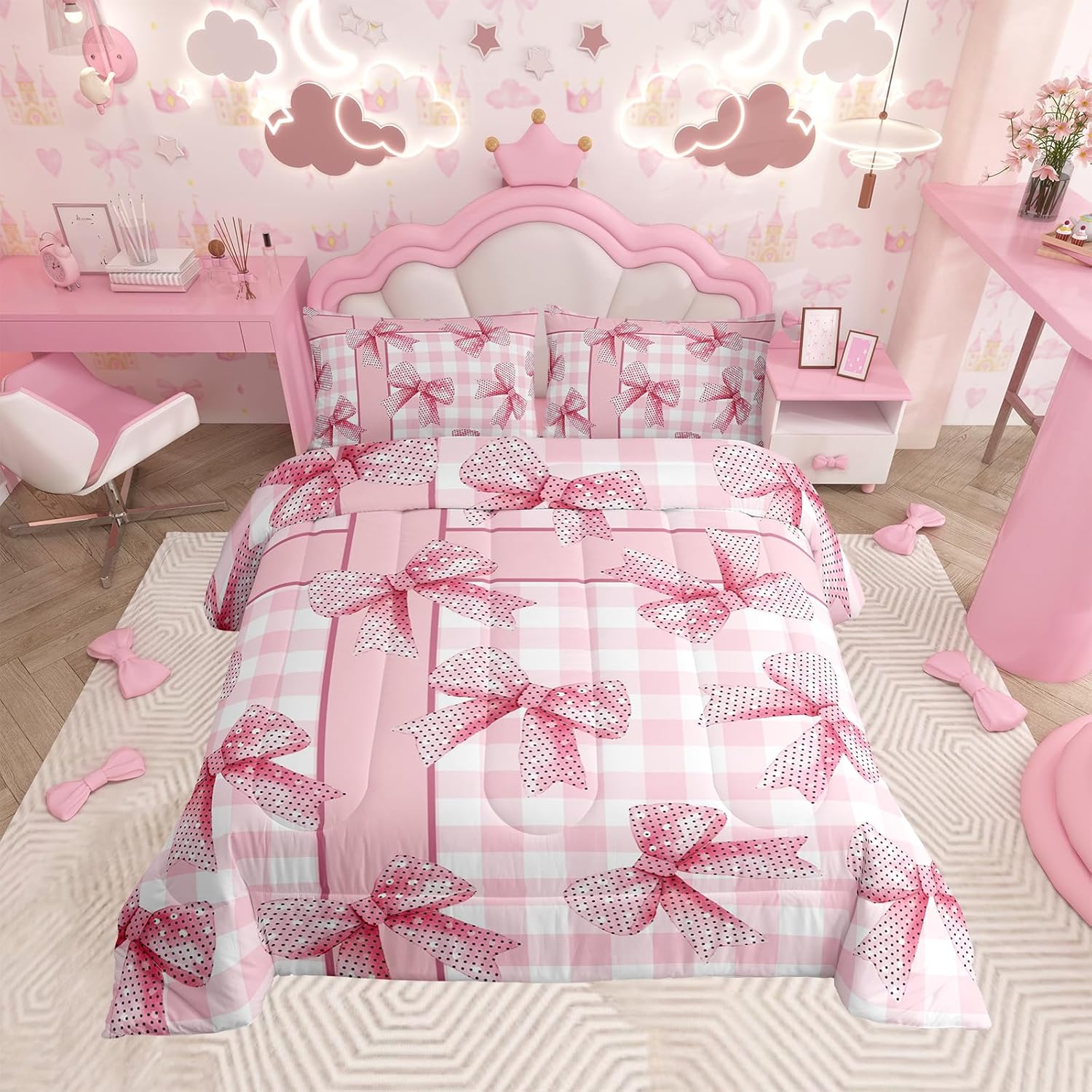 Floral Bowknot Comforter Set,Pink Bow Tie Print Bedding Set Cute Bow Flower Comforter Princess Style Bed Set for All Season