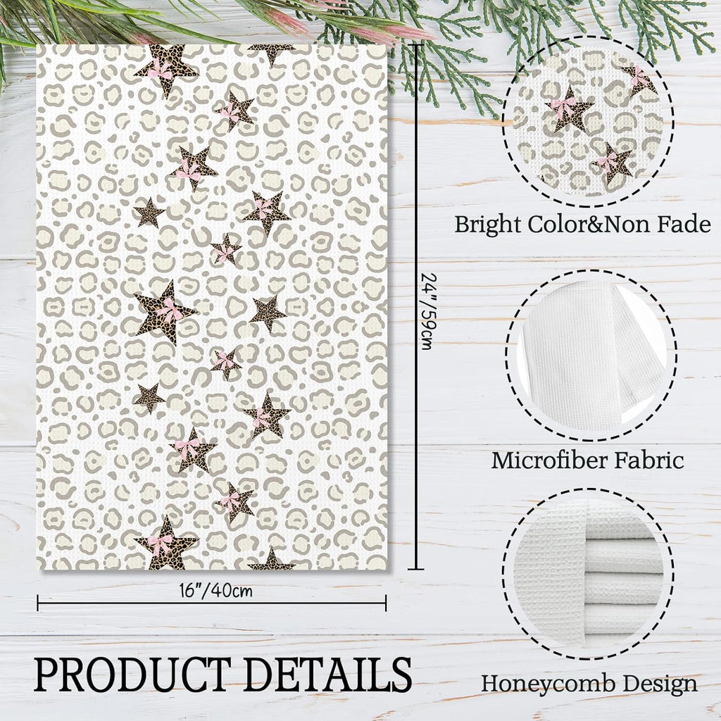 Retro Leopard Kitchen Towels, Coquette Pink Bow Cheetah, 16x24 Inch