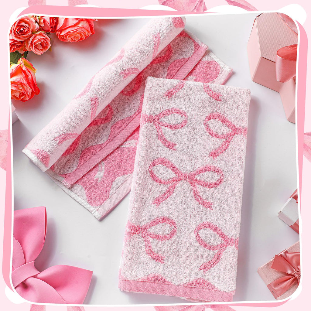 Coquette Bow Hand Towels 100% Cotton Bow Bathroom Towels Kitchen Decor Soft Absorbent Face Towels Preppy Decor Towel for Bathroom (Pink) 4 Pcs