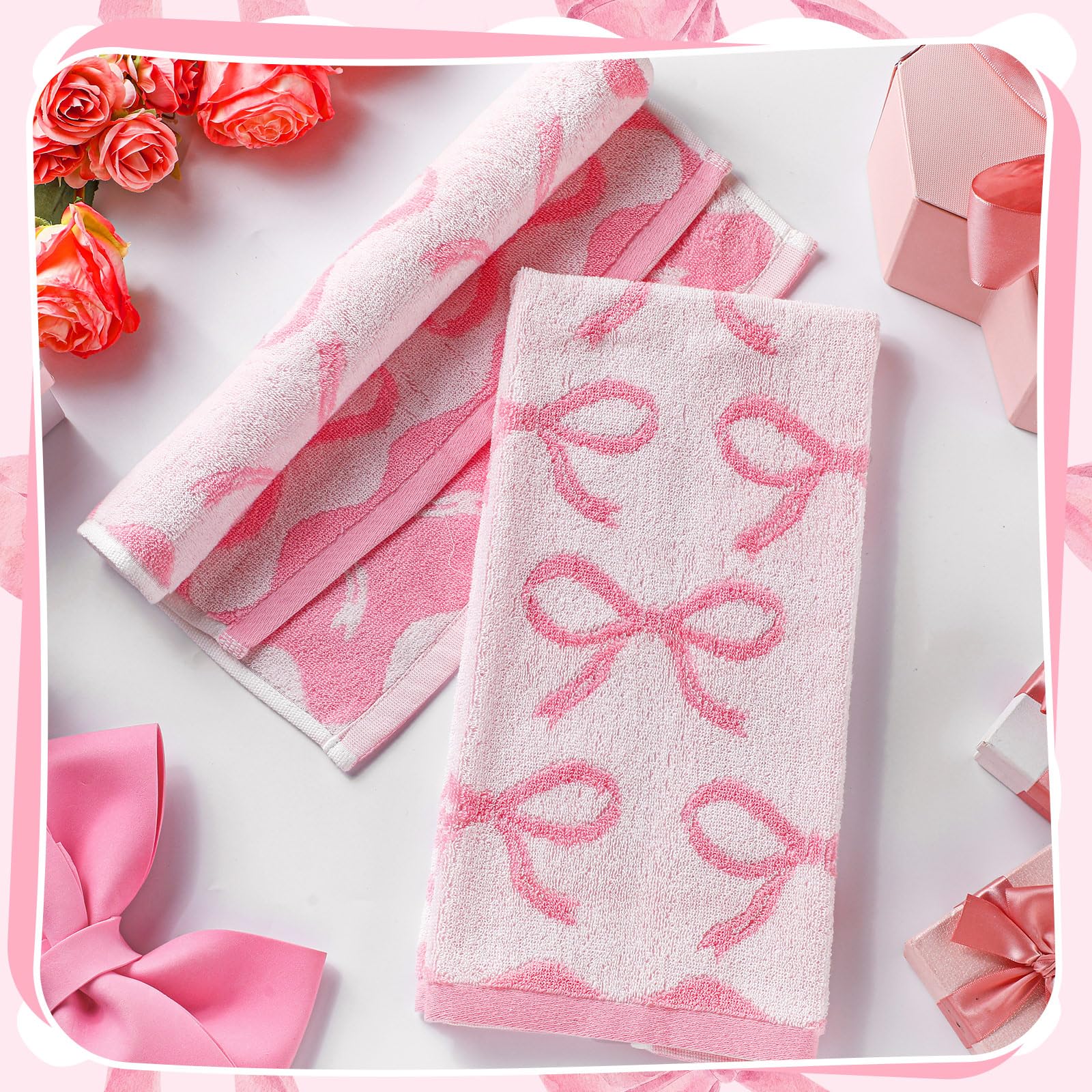 Coquette Bow Hand Towels 100% Cotton Bow Bathroom Towels Kitchen Decor Soft Absorbent Face Towels Preppy Decor Towel for Bathroom (Pink) 4 Pcs