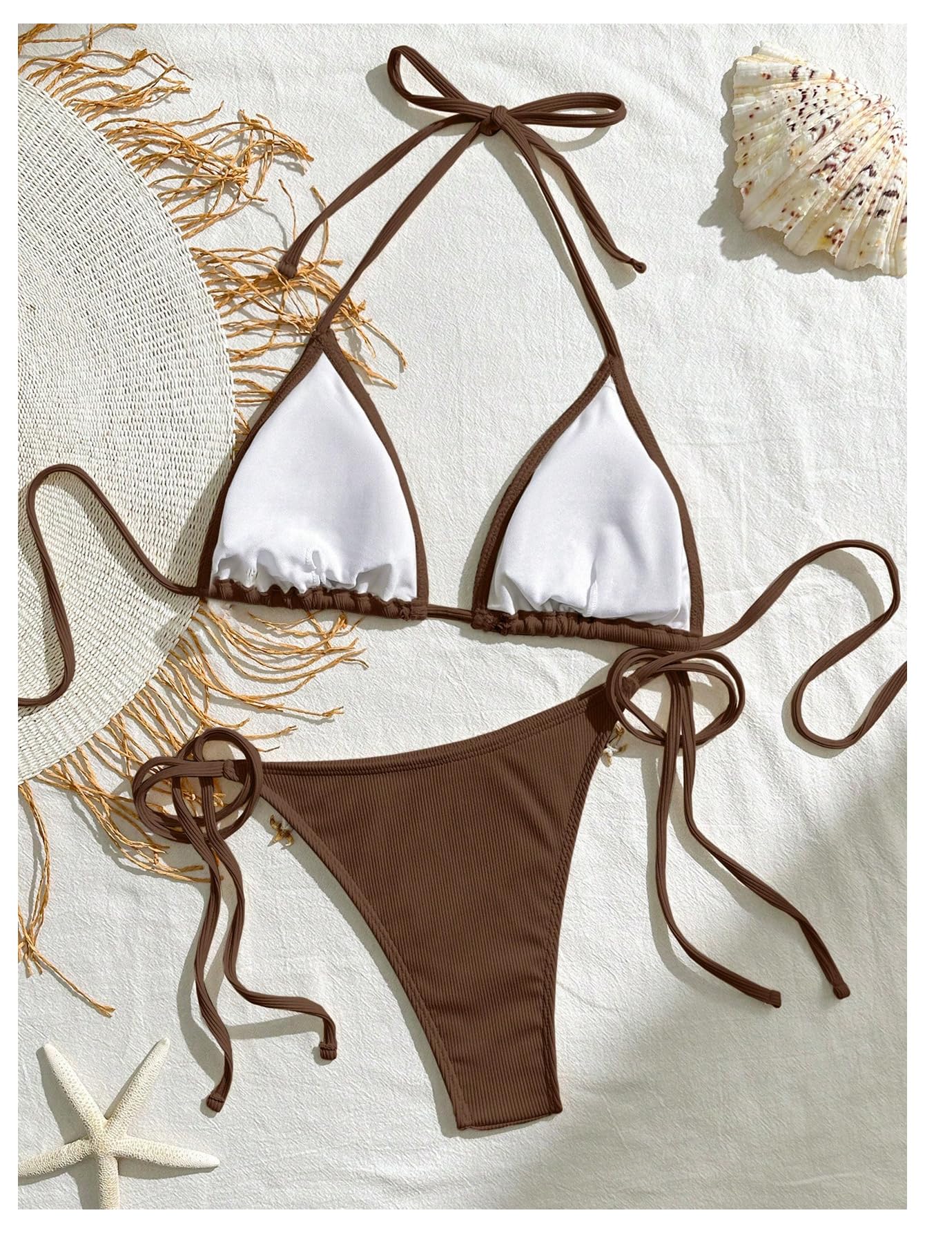 Women's 2 Piece Halter Triangle Bathing Suit Ribbed Bikini Swimsuits