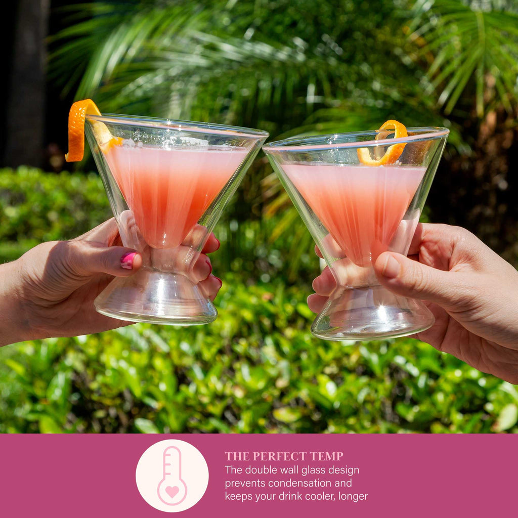 Paris Hilton 2-Piece Martini Glass Set, Double Wall Glass Design, Iridescent with Glitter Hearts - 207mL 7-Ounce