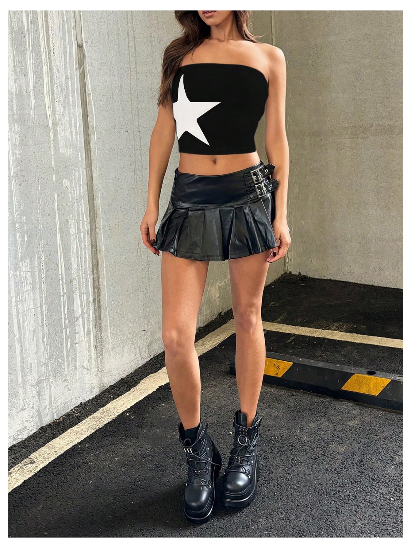 Floerns Women's Sleeveless Strapless Bandeau Star Print Color Block Cropped Tube Tops