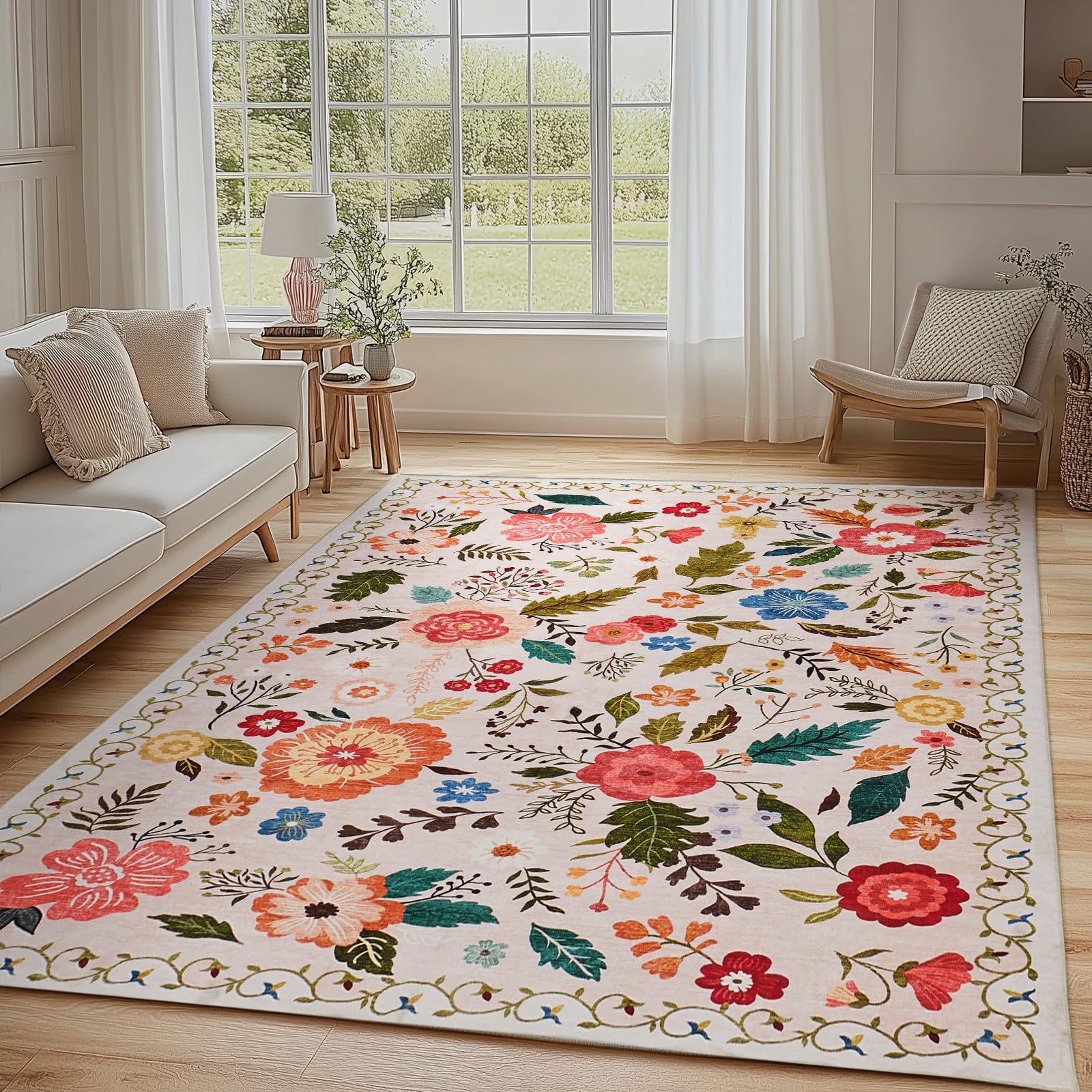 Boho Floral Vintage Rug for Home Washable Rugs Soft Low Pile, Non Slip Non-Shedding