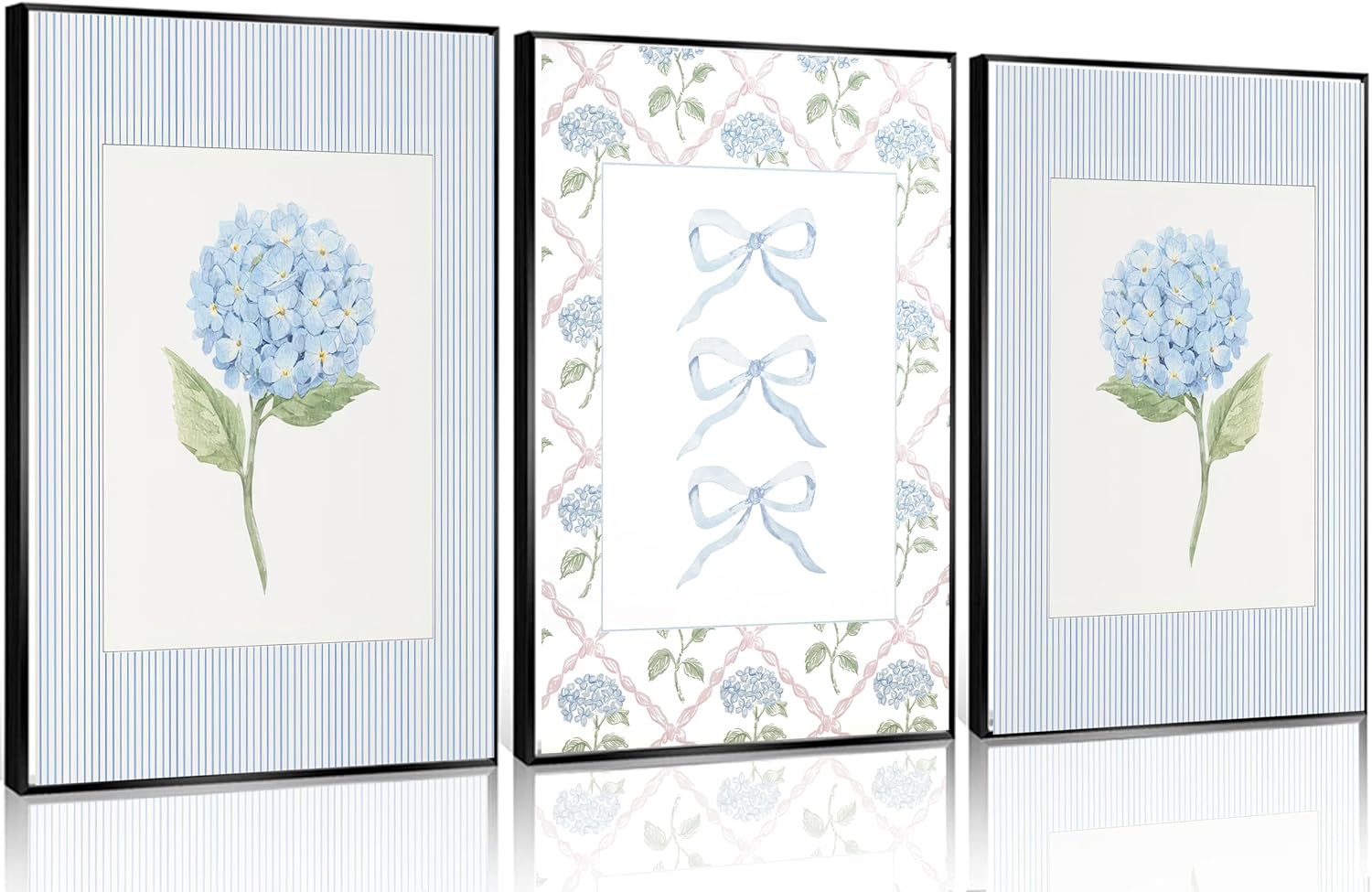 Blue Hydrangea Canvas Wall Art -  Watercolor Bow Coquette Paintings Posters