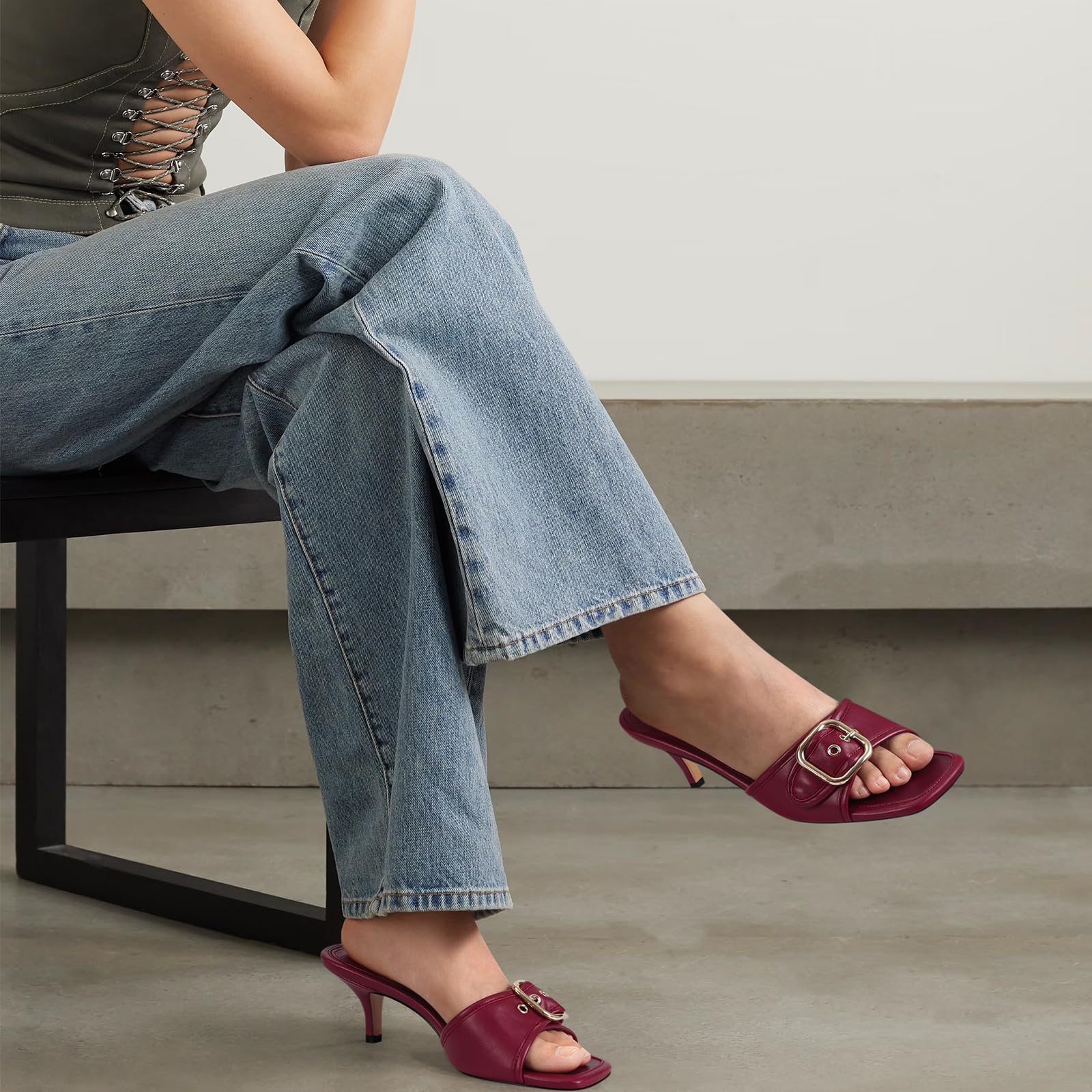 Ladies Kitten Heel Sandals Stiletto Low Heels Slip On Slides Mule Sandal Square Open Toe Dress Shoes