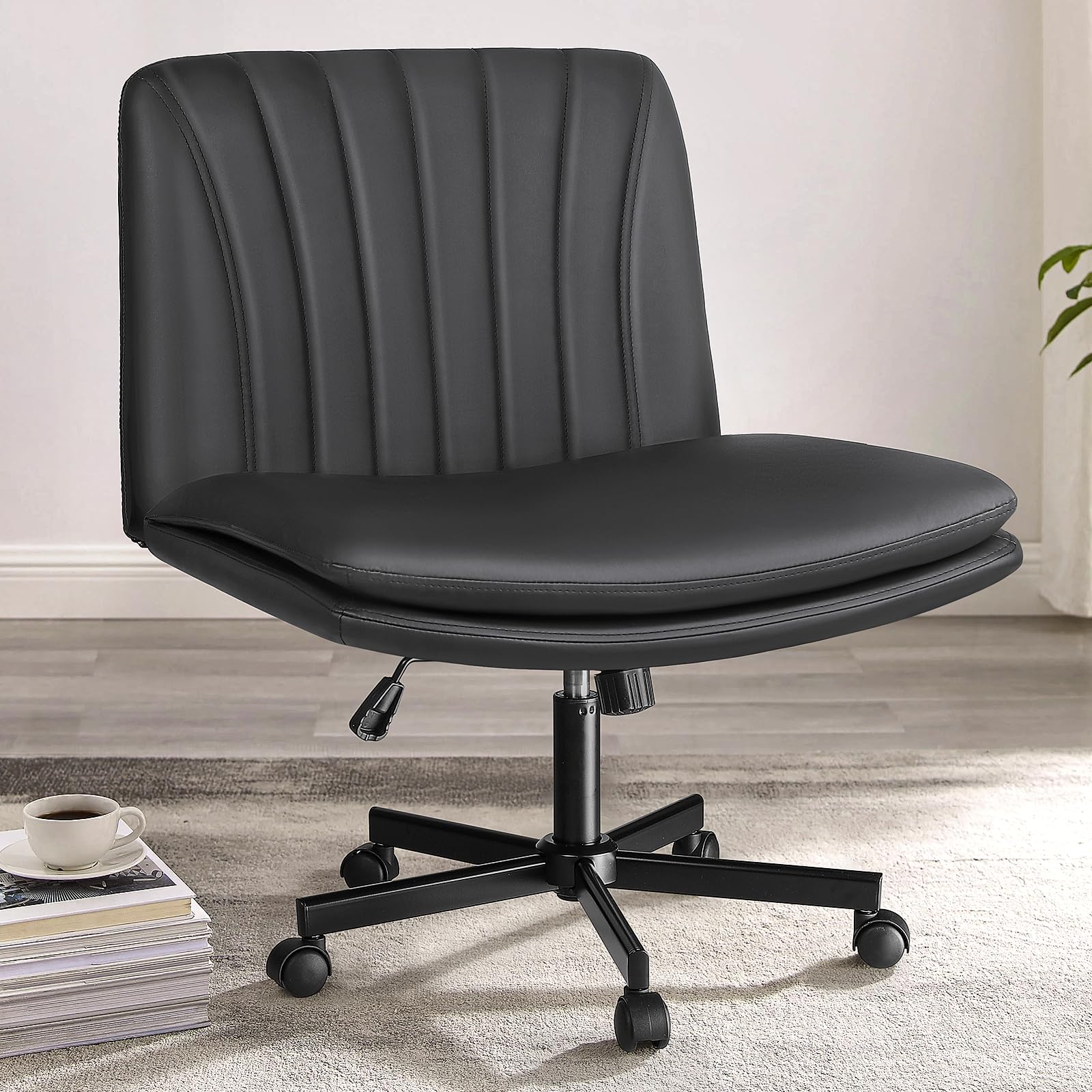 Criss Cross Chair, Armless Cross Legged Office Desk Chair No Wheels, Fabric Padded Modern Swivel Height Adjustable Mid Back Wide Seat