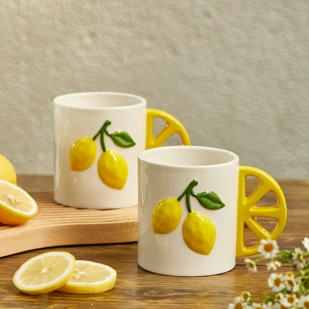 Lemon Cute Handle Handcrafted 16oz Stoneware Mug, Handpainted Mug