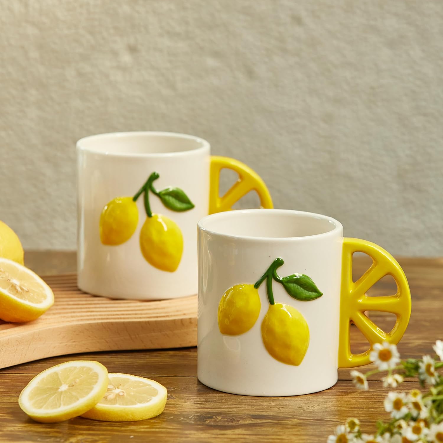 Lemon Cute Handle Handcrafted 16oz Stoneware Mug, Handpainted Mug