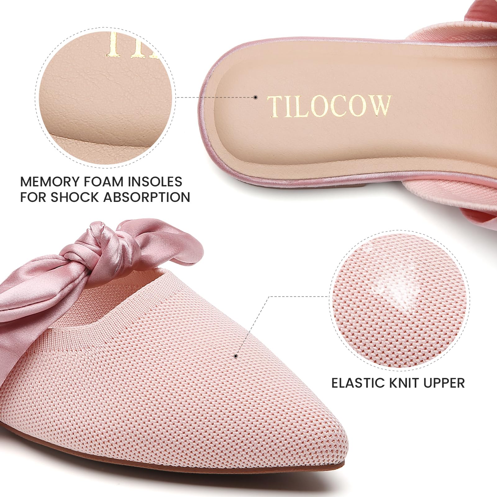 Knotbow Mules for Woman Pointed Toe Flats Bow Mules Slip On Slides Flats Shoes Women Dressy Comfortable