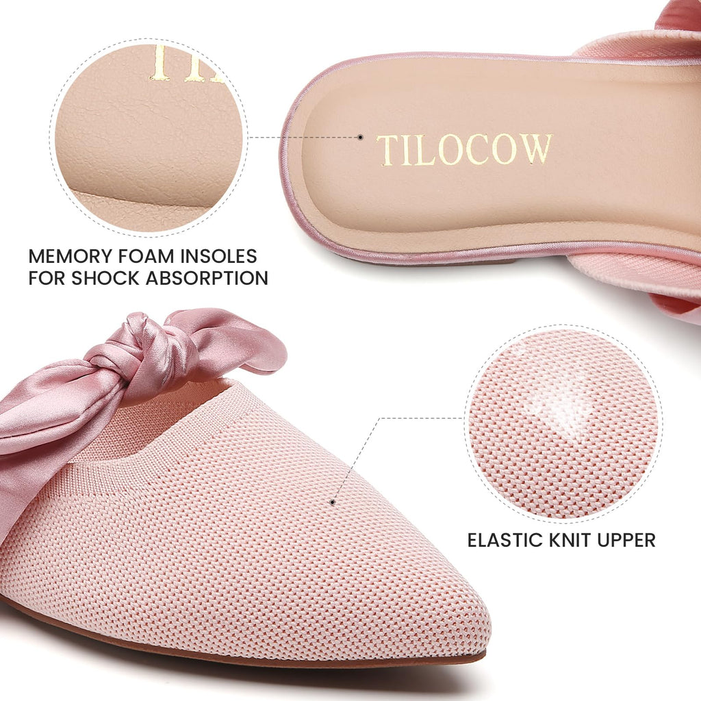 Knotbow Mules for Woman Pointed Toe Flats Bow Mules Slip On Slides Flats Shoes Women Dressy Comfortable
