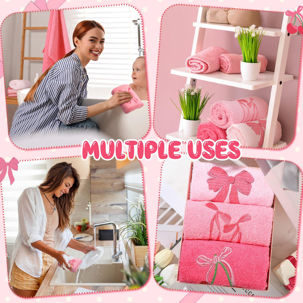 Coquette Bow Embroidered Decorative Towel 100% Cotton Soft Absorbent Kitchen Facecloth Preppy Bathroom Decor 3 Pcs, 13.7 x 29.5''