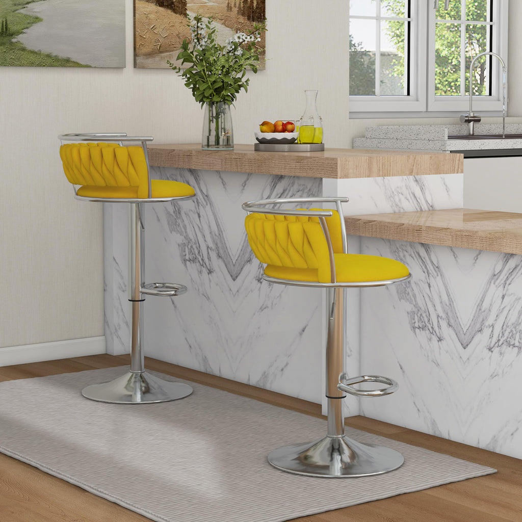 Velvet Swivel Bar Stools, Adjustable Counter Height Bar Chairs with Low Back & Footrest, Modern Gold Bar Stools for Kitchen Island, Bar Pub