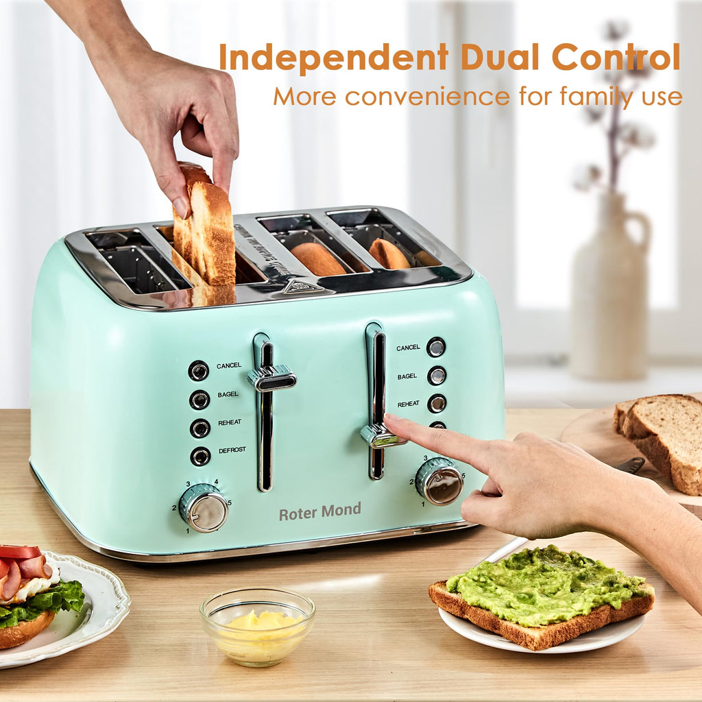 Toaster 4 Slice Retro Stainless Steel with Extra Wide Slots, Reheat Function, Dual Independent Control Panel, Removable Crumb Tray, 6 Browning Levels