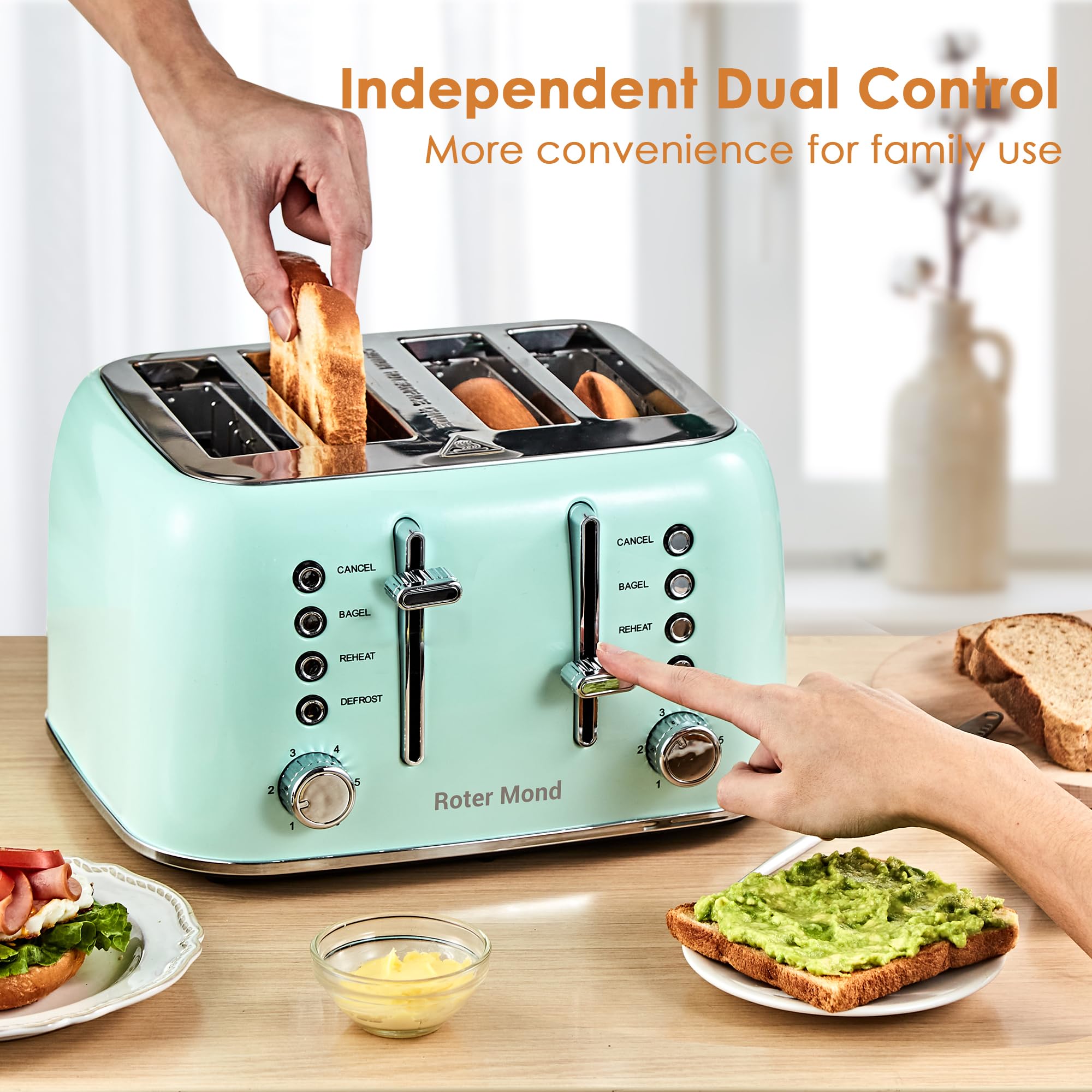 Toaster 4 Slice Retro Stainless Steel with Extra Wide Slots, Reheat Function, Dual Independent Control Panel, Removable Crumb Tray, 6 Browning Levels