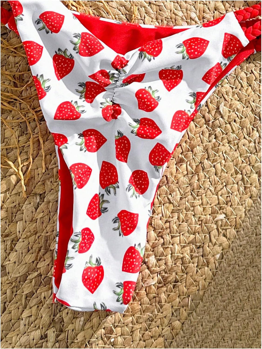 Women's Strapless Knot Front Bandeau Bikini Set Cheeky Thong Strawberry Print Swimsuit