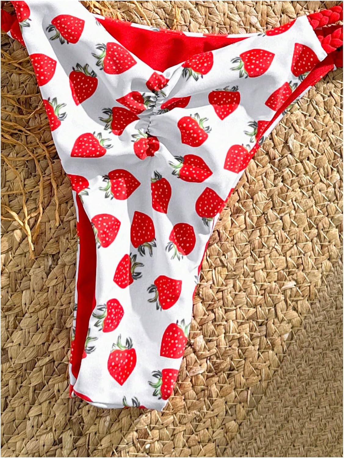 Women's Strapless Knot Front Bandeau Bikini Set Cheeky Thong Strawberry Print Swimsuit