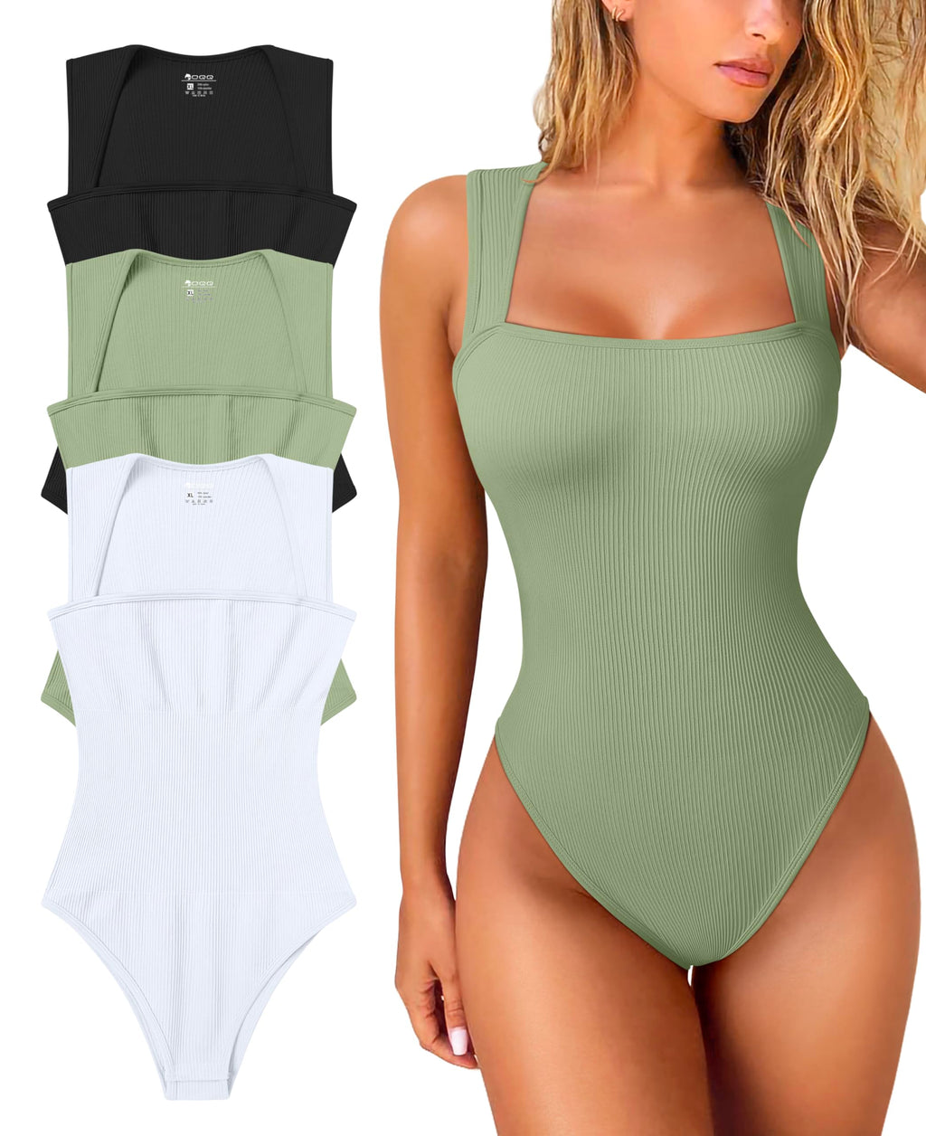 Women's 3 Piece Bodysuits Sexy Ribbed Strappy Square Neck Sleeveless Tummy Control Tank Tops Bodysuits