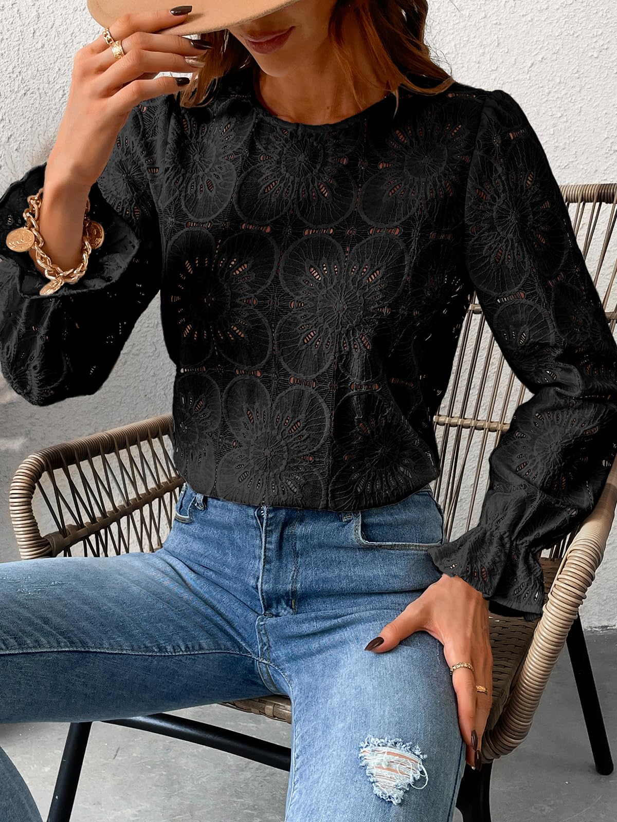 Women Eyelet Long Sleeve - Dressy Hollow Out Crochet Lace Embroidered Blouse