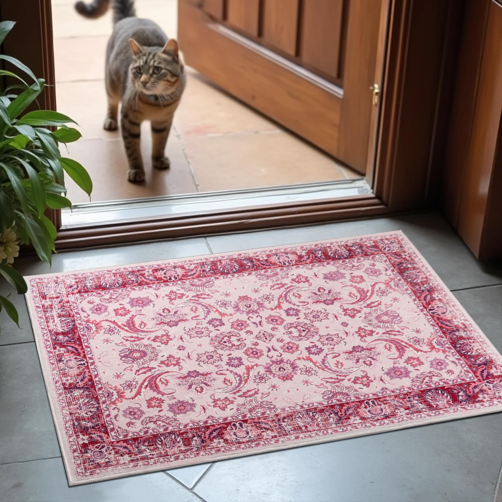 Washable Area Rugs Door Mat Entryway Vintage Floral Non-Slip Low Pile Entrance Thin Rug Carpet for Kitchen Bathroom Living Room Pink