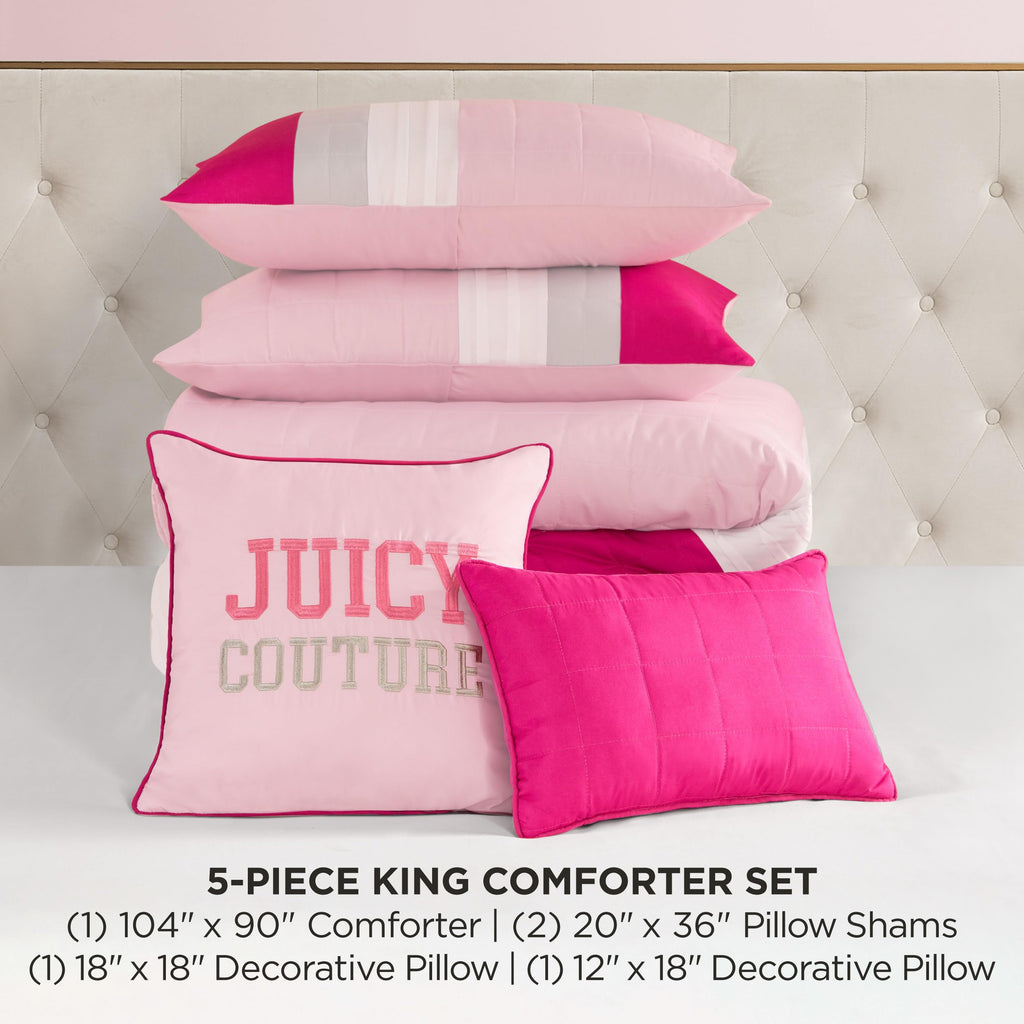 Juicy Couture Color Blocked King Striped 5-Piece Comforter Set - Pink/White/Grey Designer Bedding Set